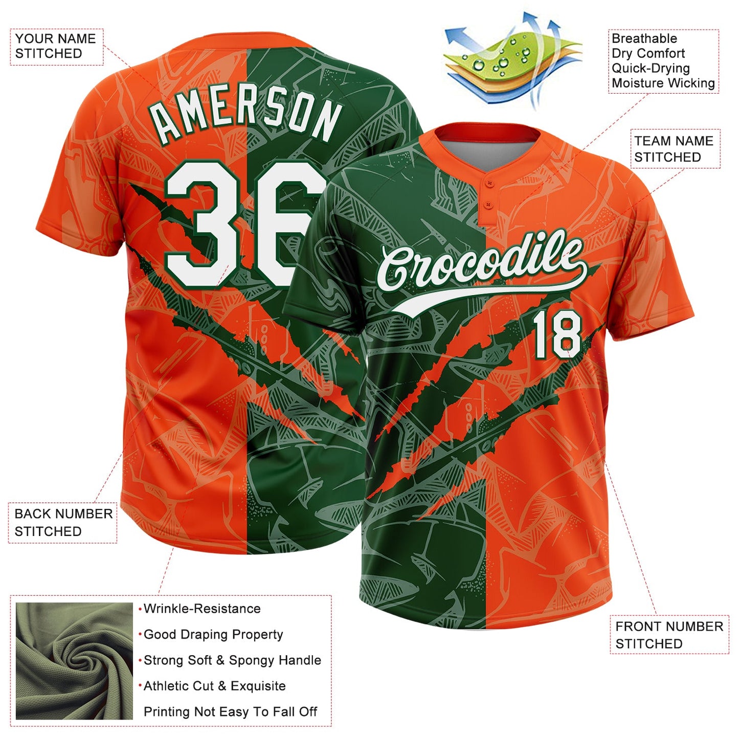 Custom Graffiti Pattern White Orange-Green 3D Scratch Two-Button Unisex Softball Jersey view 3