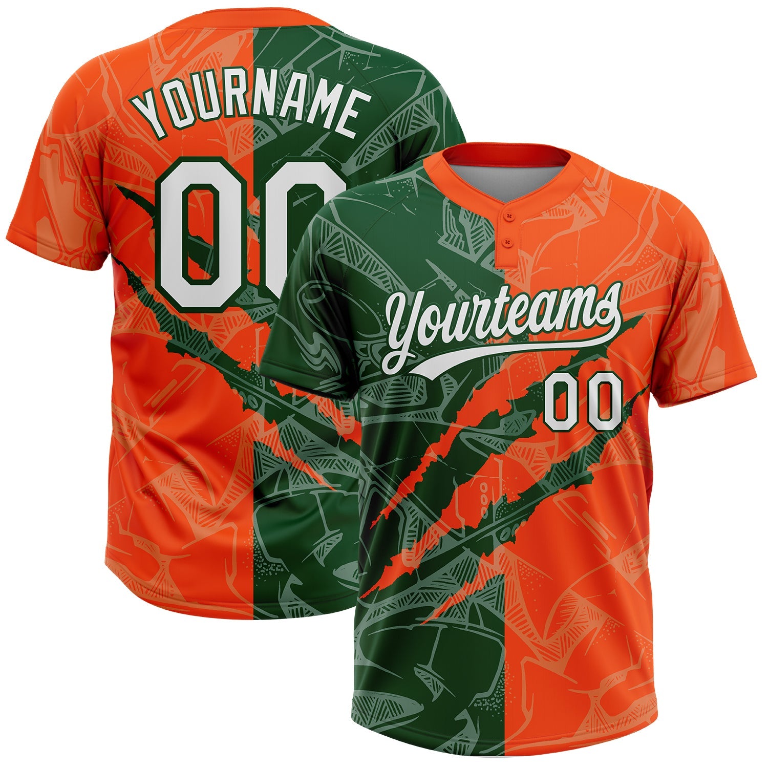 Custom Graffiti Pattern White Orange-Green 3D Scratch Two-Button Unisex Softball Jersey - Main View