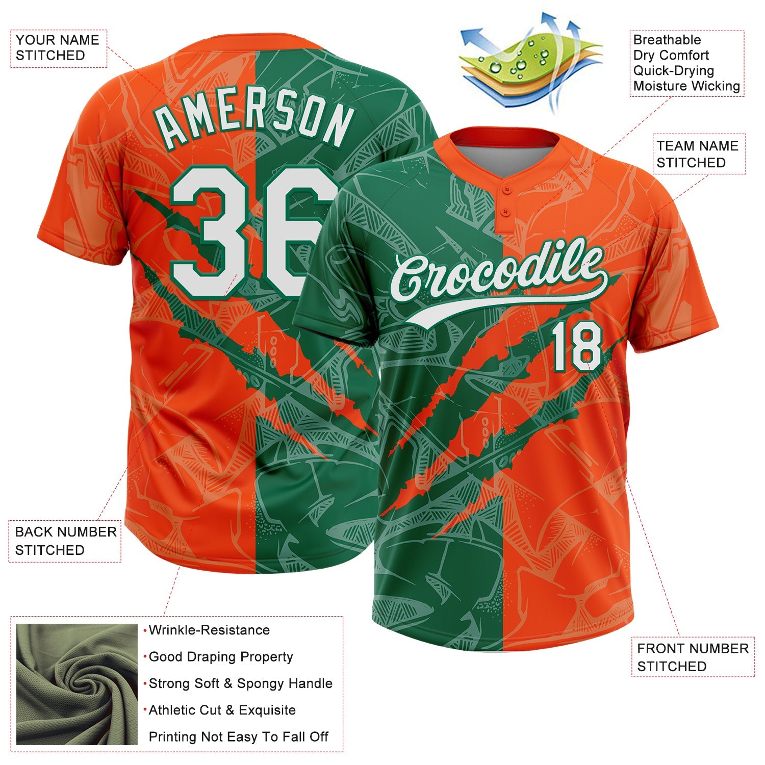 Custom Graffiti Pattern White Orange-Kelly Green 3D Scratch Two-Button Unisex Softball Jersey view 3