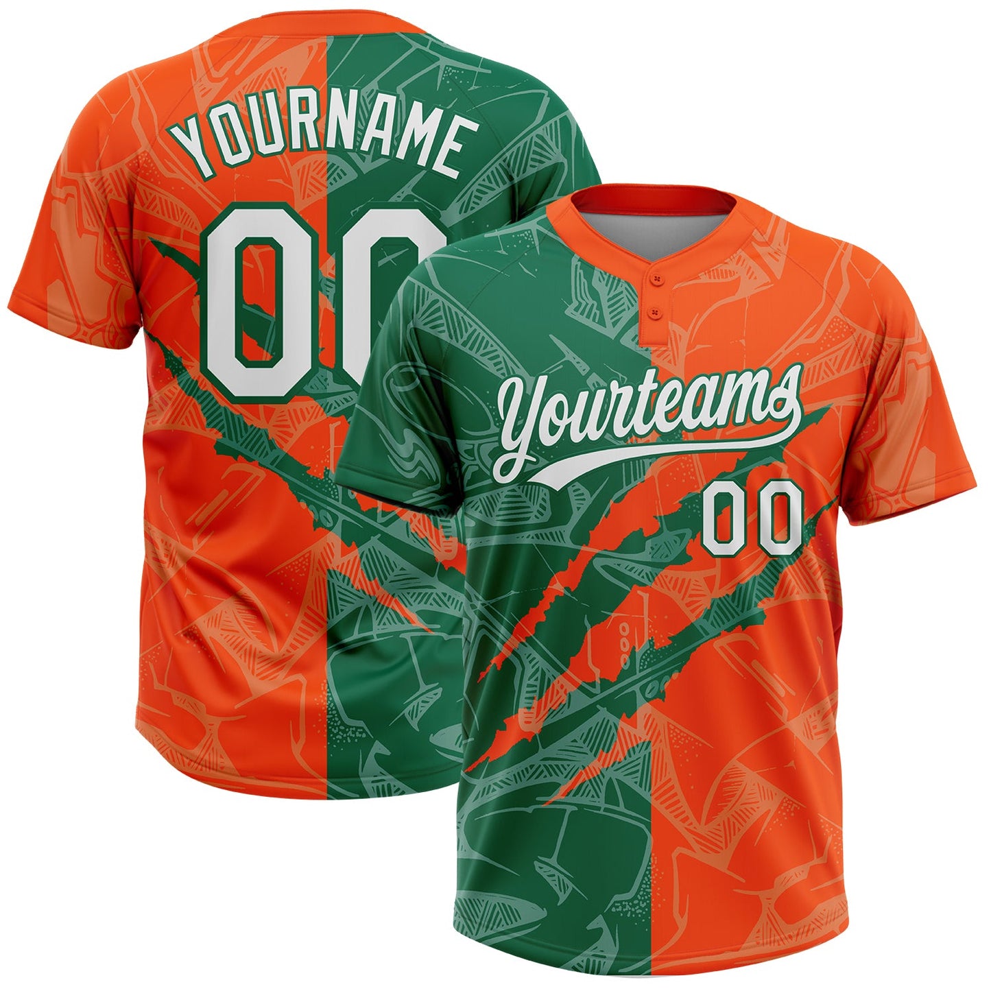 Custom Graffiti Pattern White Orange-Kelly Green 3D Scratch Two-Button Unisex Softball Jersey - Main View