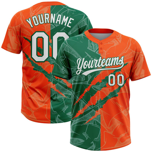 Custom Graffiti Pattern White Orange-Kelly Green 3D Scratch Two-Button Unisex Softball Jersey - Main View