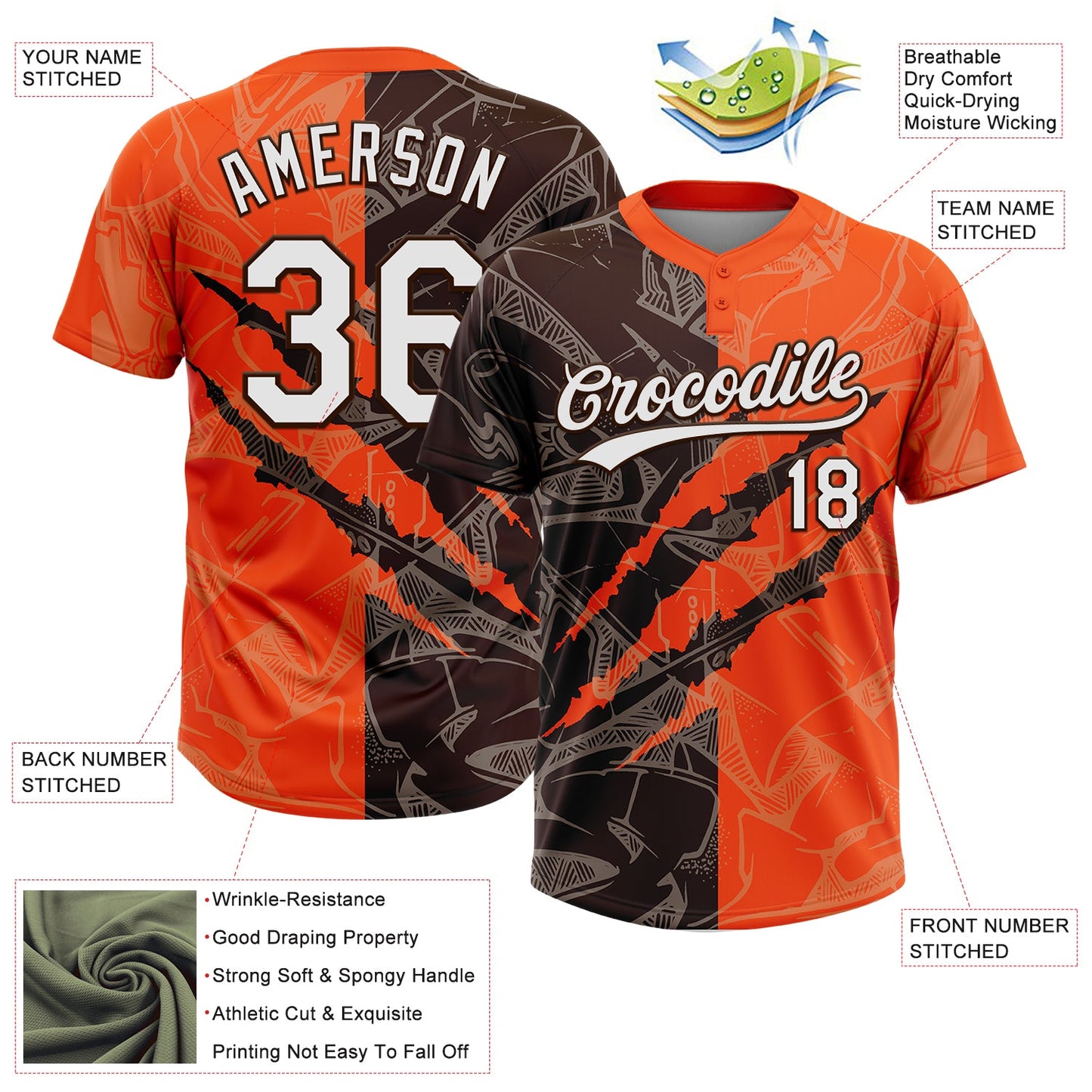 Custom Graffiti Pattern White Orange-Brown 3D Scratch Two-Button Unisex Softball Jersey view 3