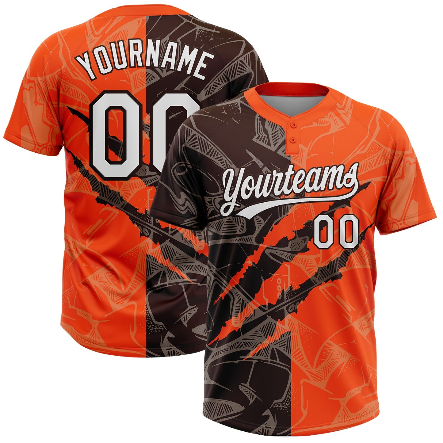 Custom Graffiti Pattern White Orange-Brown 3D Scratch Two-Button Unisex Softball Jersey - Main View