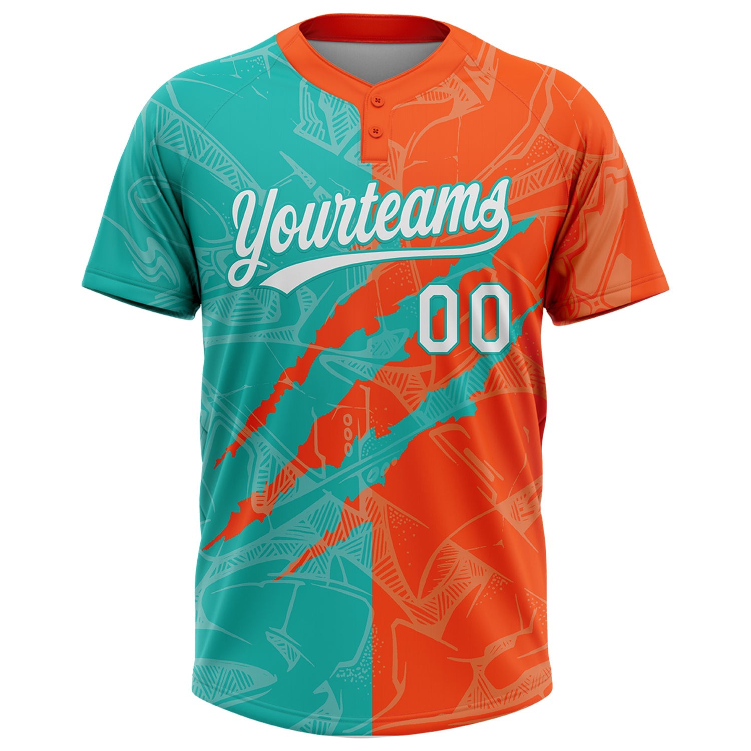 Custom Graffiti Pattern White Orange-Aqua 3D Scratch Two-Button Unisex Softball Jersey view 2