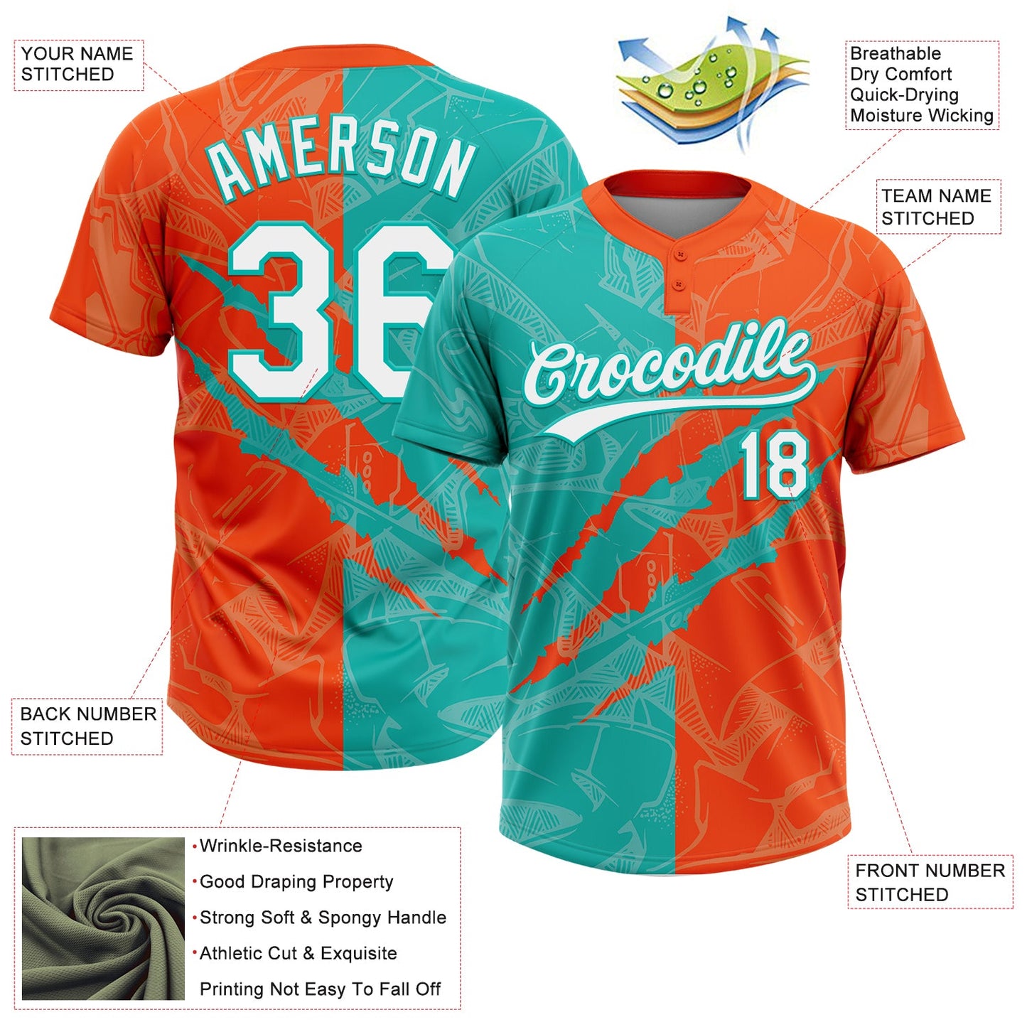 Custom Graffiti Pattern White Orange-Aqua 3D Scratch Two-Button Unisex Softball Jersey view 3