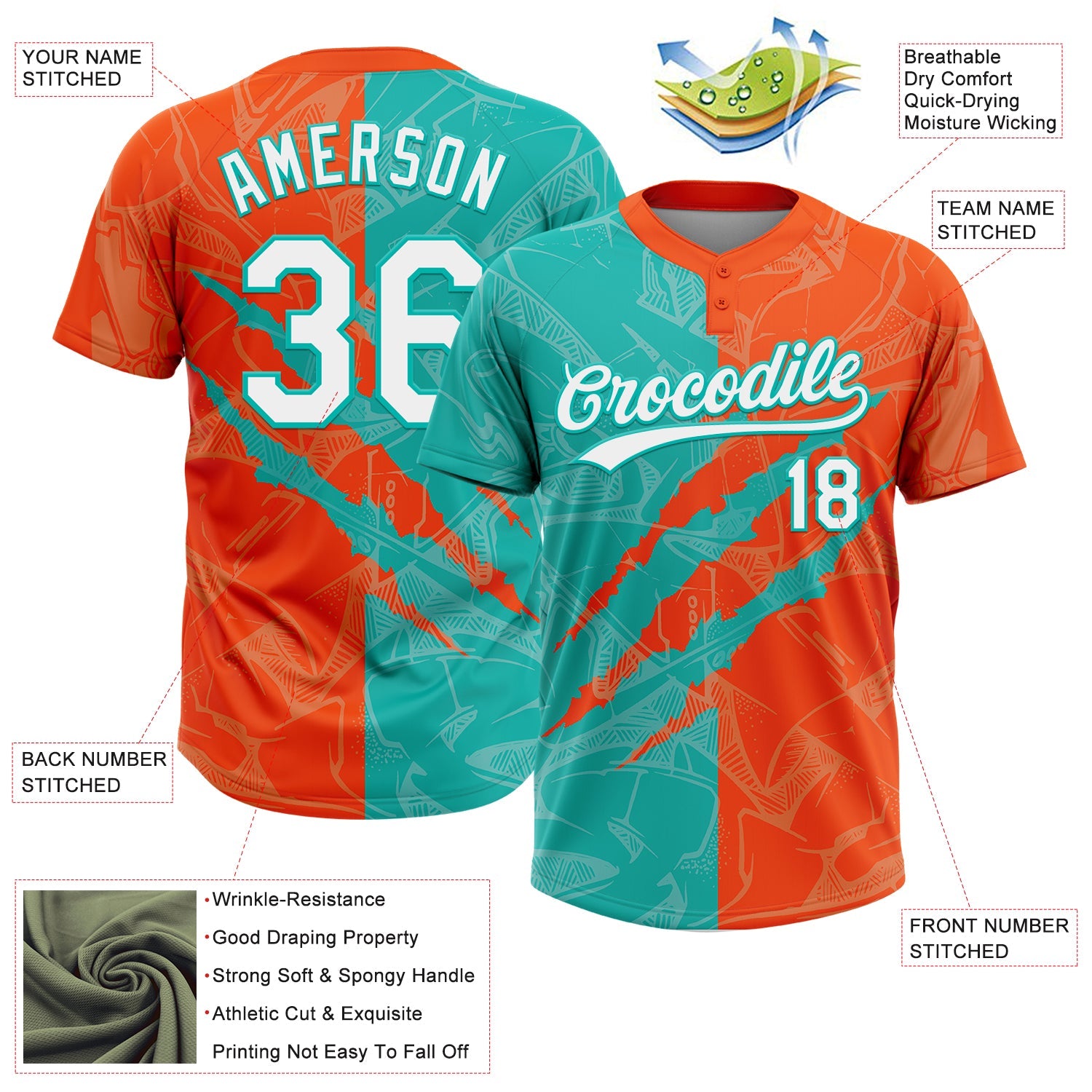 Custom Graffiti Pattern White Orange-Aqua 3D Scratch Two-Button Unisex Softball Jersey view 3