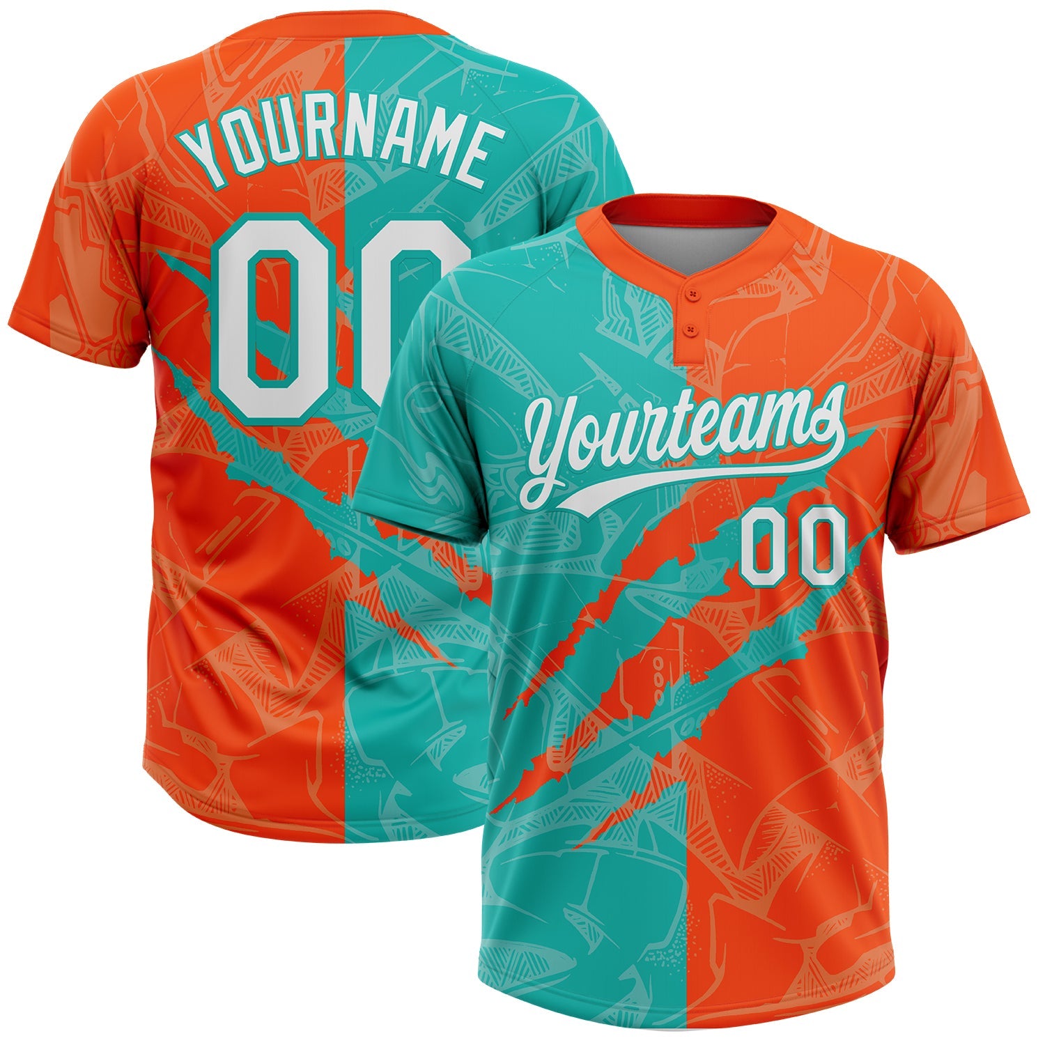 Custom Graffiti Pattern White Orange-Aqua 3D Scratch Two-Button Unisex Softball Jersey - Main View