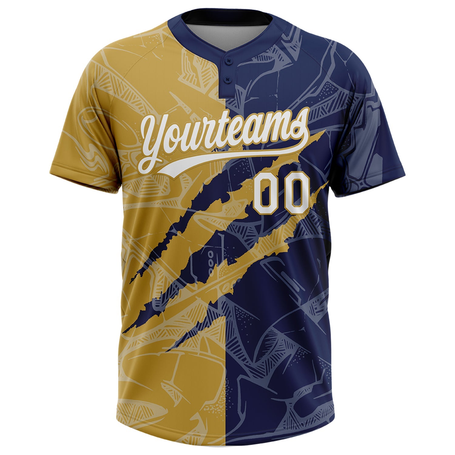 Custom Graffiti Pattern White Navy-Old Gold 3D Scratch Two-Button Unisex Softball Jersey view 2