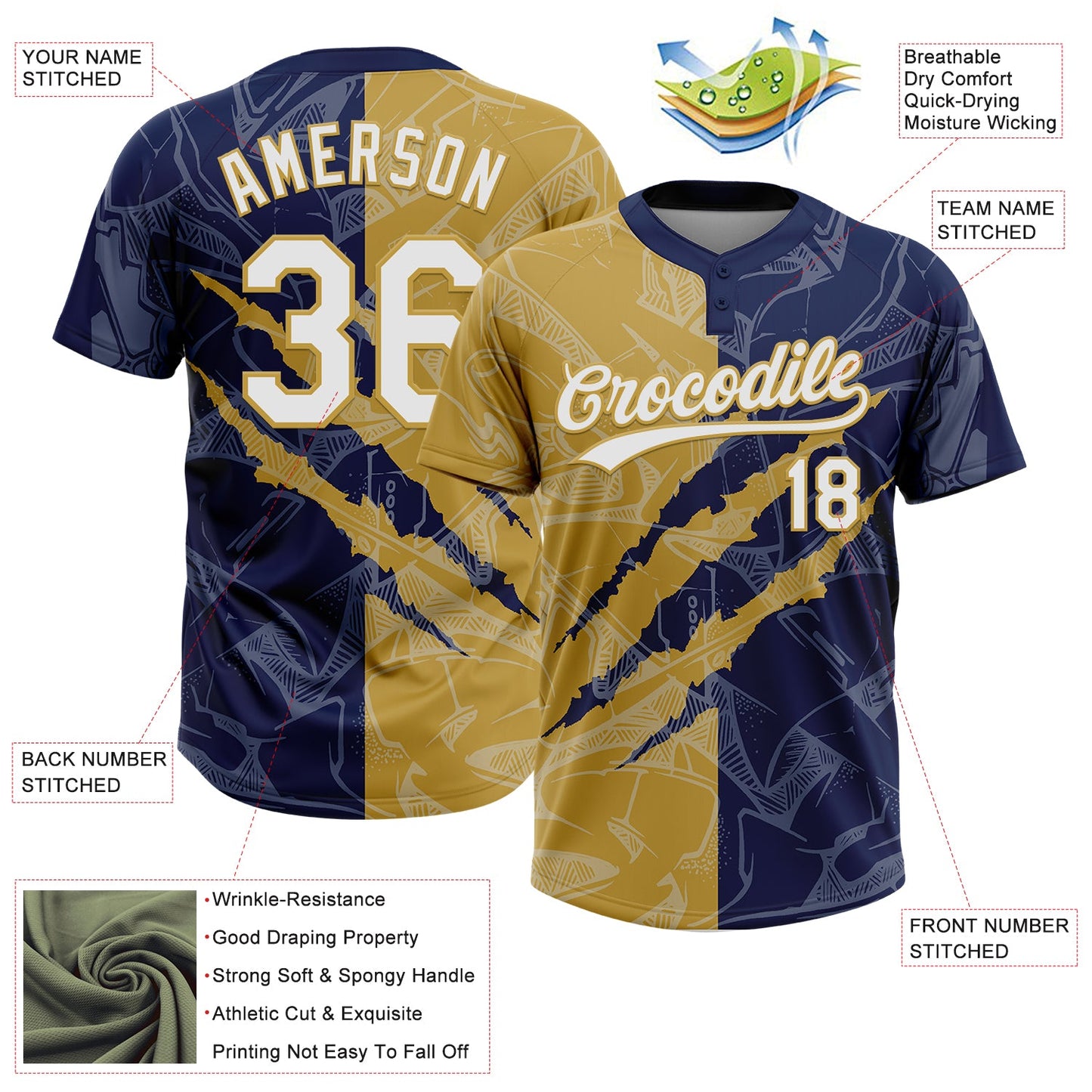 Custom Graffiti Pattern White Navy-Old Gold 3D Scratch Two-Button Unisex Softball Jersey view 3