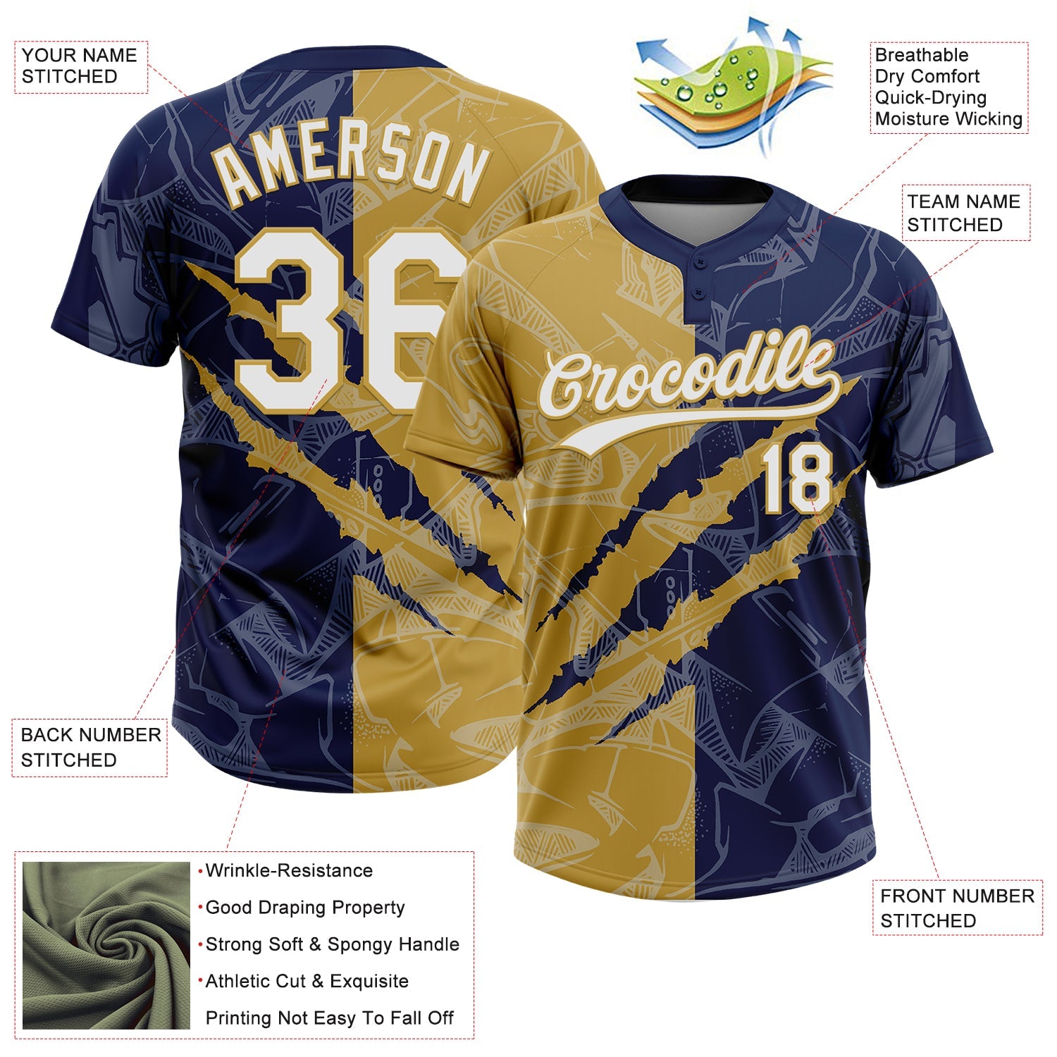 Custom Graffiti Pattern White Navy-Old Gold 3D Scratch Two-Button Unisex Softball Jersey view 3