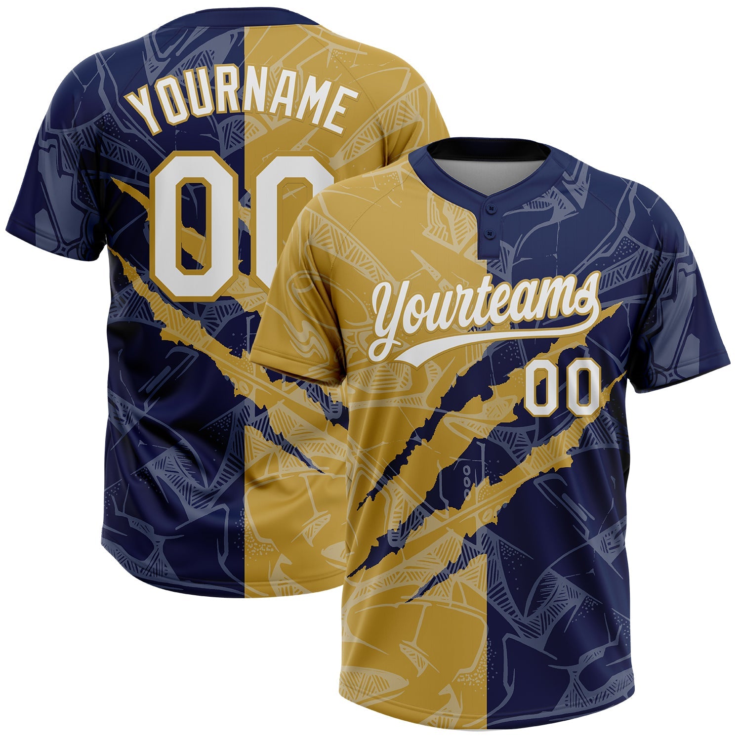 Custom Graffiti Pattern White Navy-Old Gold 3D Scratch Two-Button Unisex Softball Jersey - Main View