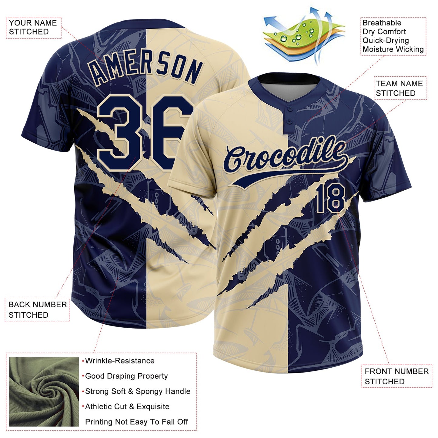 Custom Graffiti Pattern Navy-Cream 3D Scratch Two-Button Unisex Softball Jersey view 3