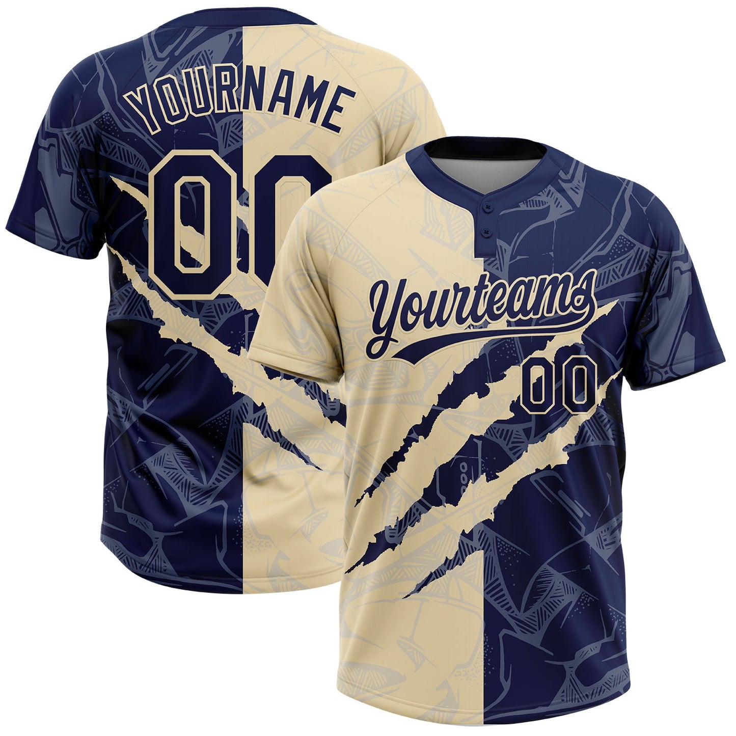 Custom Graffiti Pattern Navy-Cream 3D Scratch Two-Button Unisex Softball Jersey - Main View