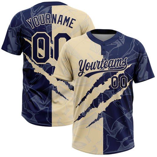 Custom Graffiti Pattern Navy-Cream 3D Scratch Two-Button Unisex Softball Jersey - Main View