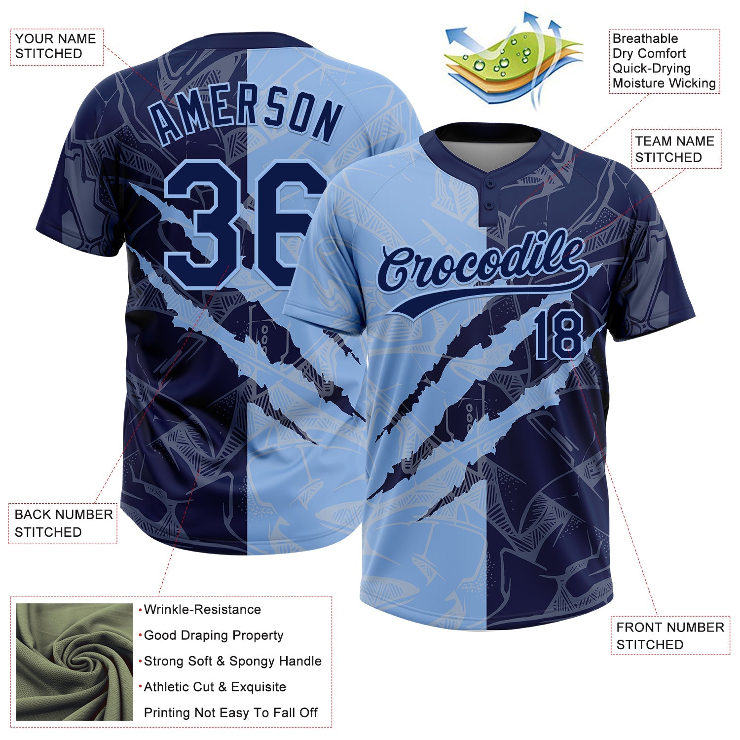 Custom Graffiti Pattern Navy-Light Blue 3D Scratch Two-Button Unisex Softball Jersey view 3