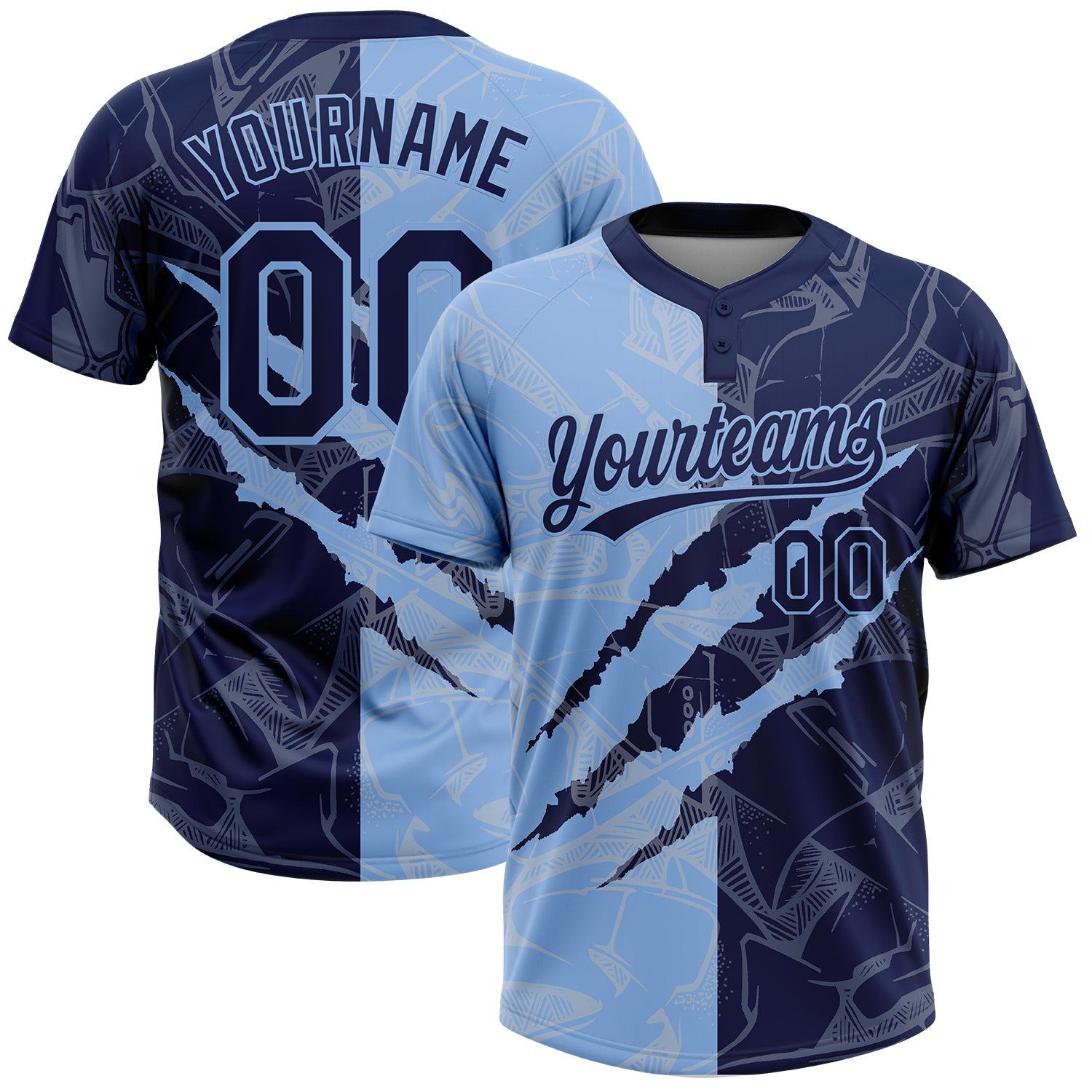 Custom Graffiti Pattern Navy-Light Blue 3D Scratch Two-Button Unisex Softball Jersey - Main View