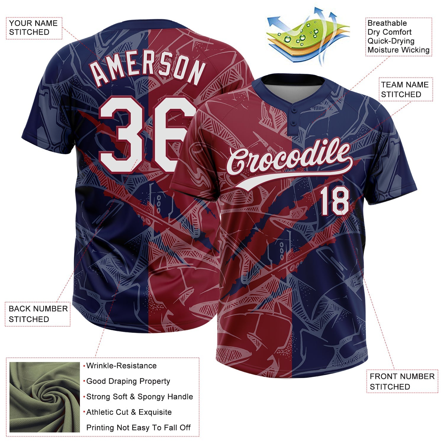 Custom Graffiti Pattern White Navy-Crimson 3D Scratch Two-Button Unisex Softball Jersey view 3
