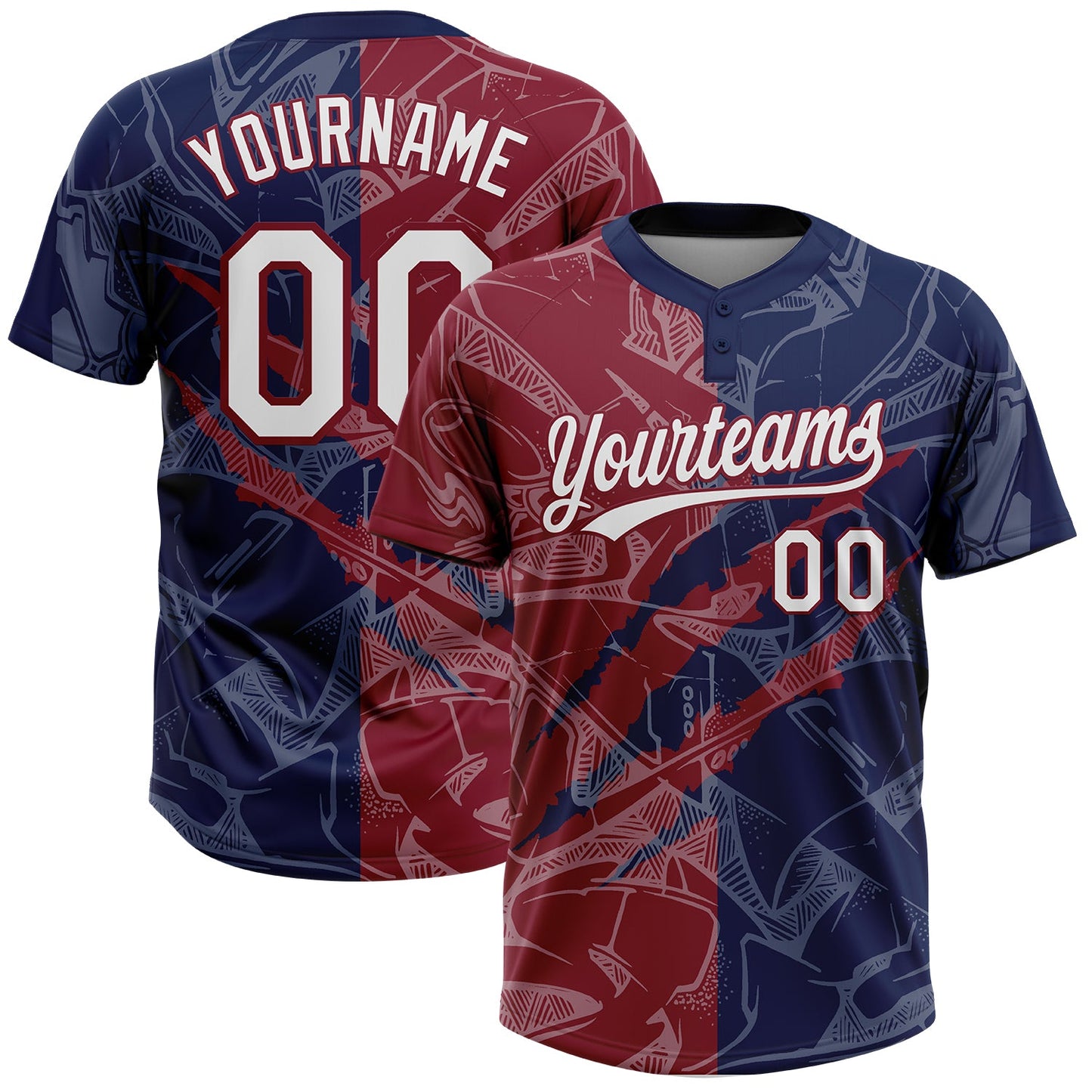 Custom Graffiti Pattern White Navy-Crimson 3D Scratch Two-Button Unisex Softball Jersey - Main View