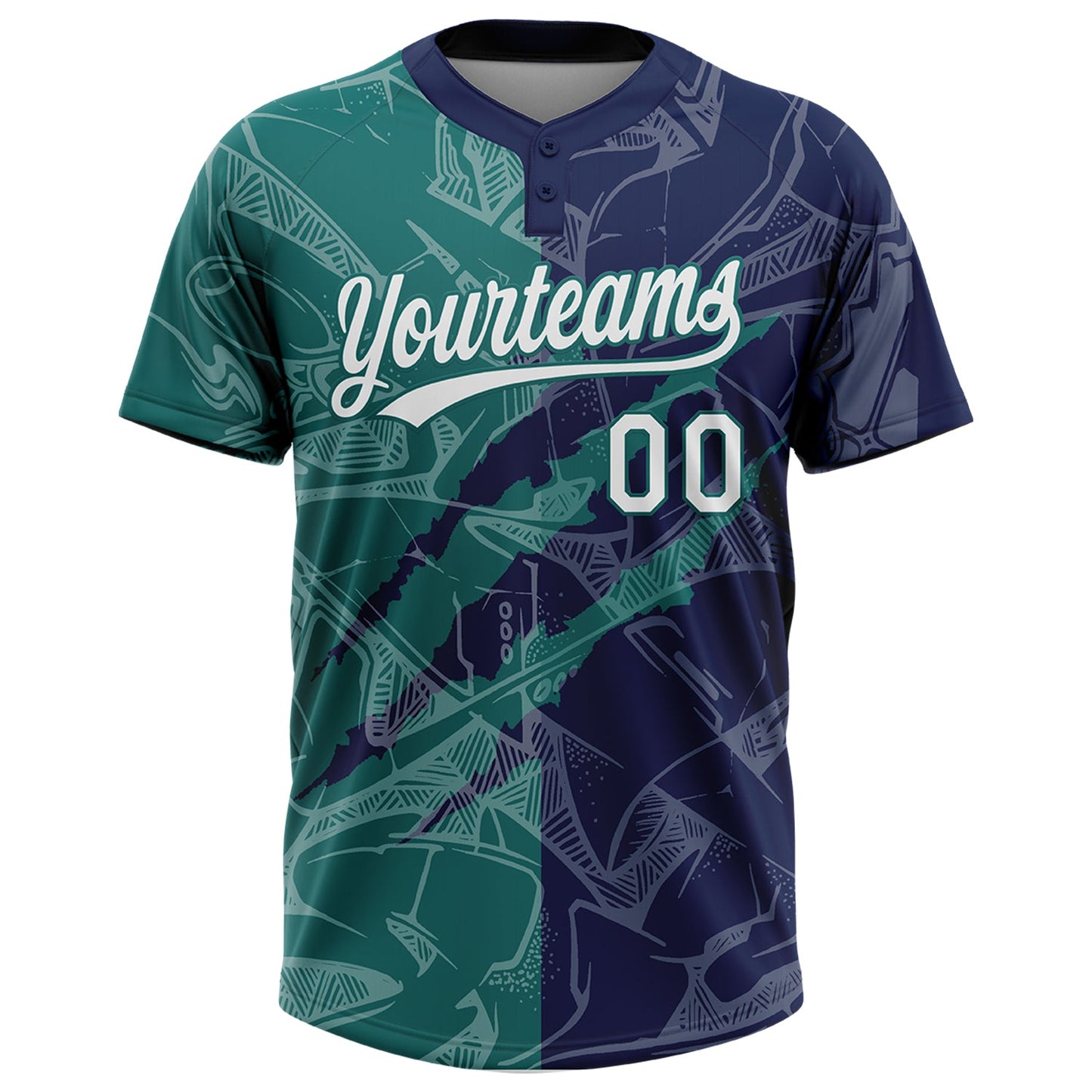 Custom Graffiti Pattern White Navy-Teal 3D Scratch Two-Button Unisex Softball Jersey view 2