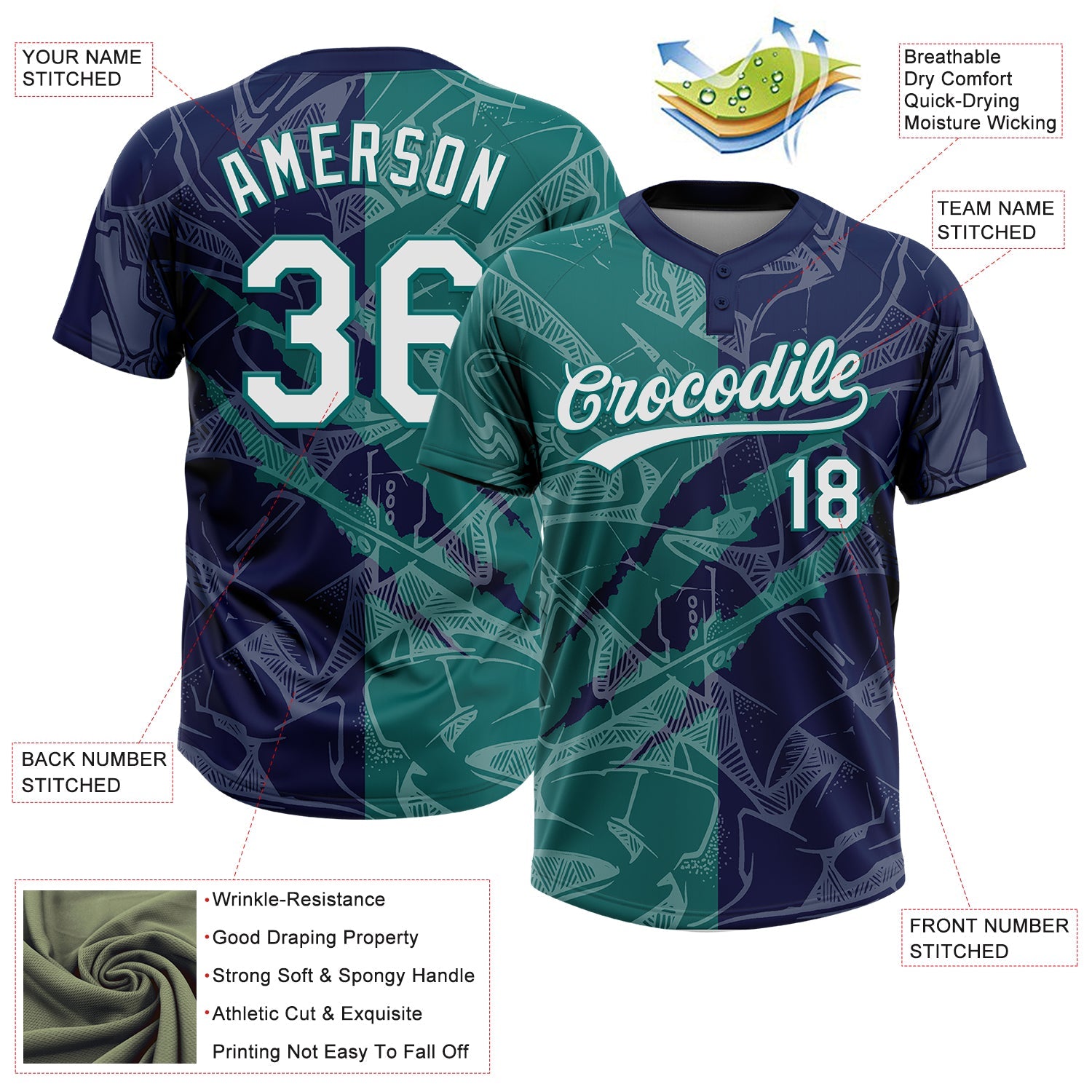 Custom Graffiti Pattern White Navy-Teal 3D Scratch Two-Button Unisex Softball Jersey view 3