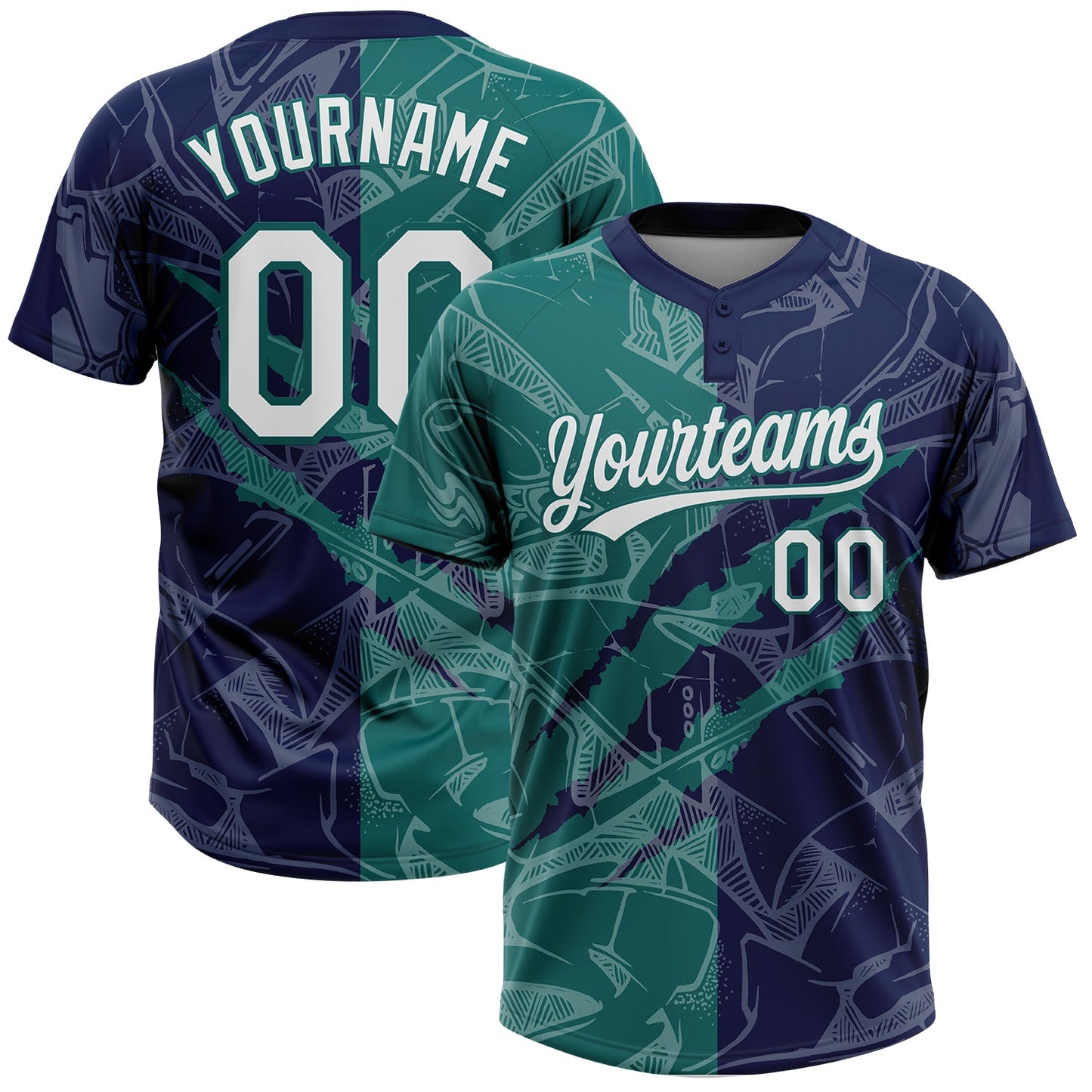 Custom Graffiti Pattern White Navy-Teal 3D Scratch Two-Button Unisex Softball Jersey - Main View