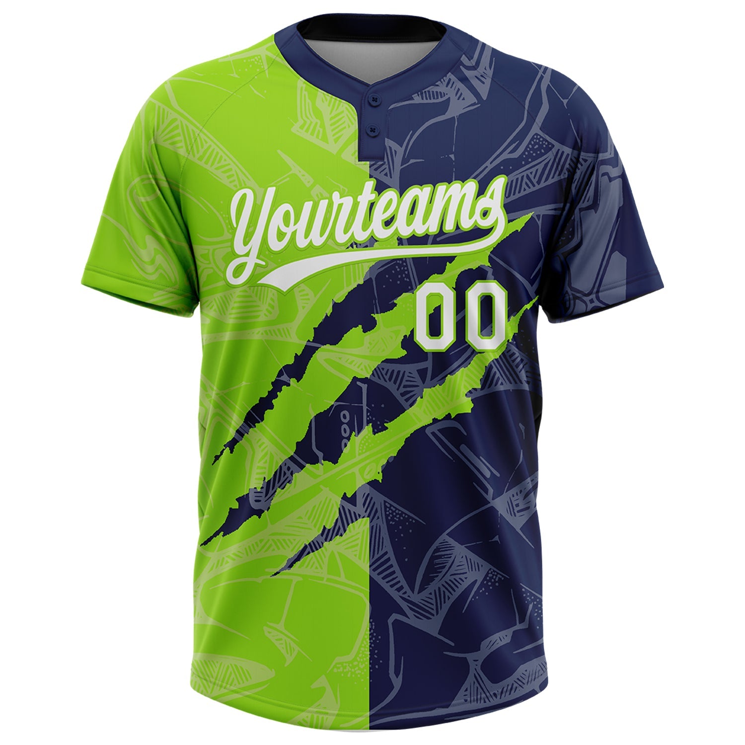Custom Graffiti Pattern White Navy-Neon Green 3D Scratch Two-Button Unisex Softball Jersey view 2
