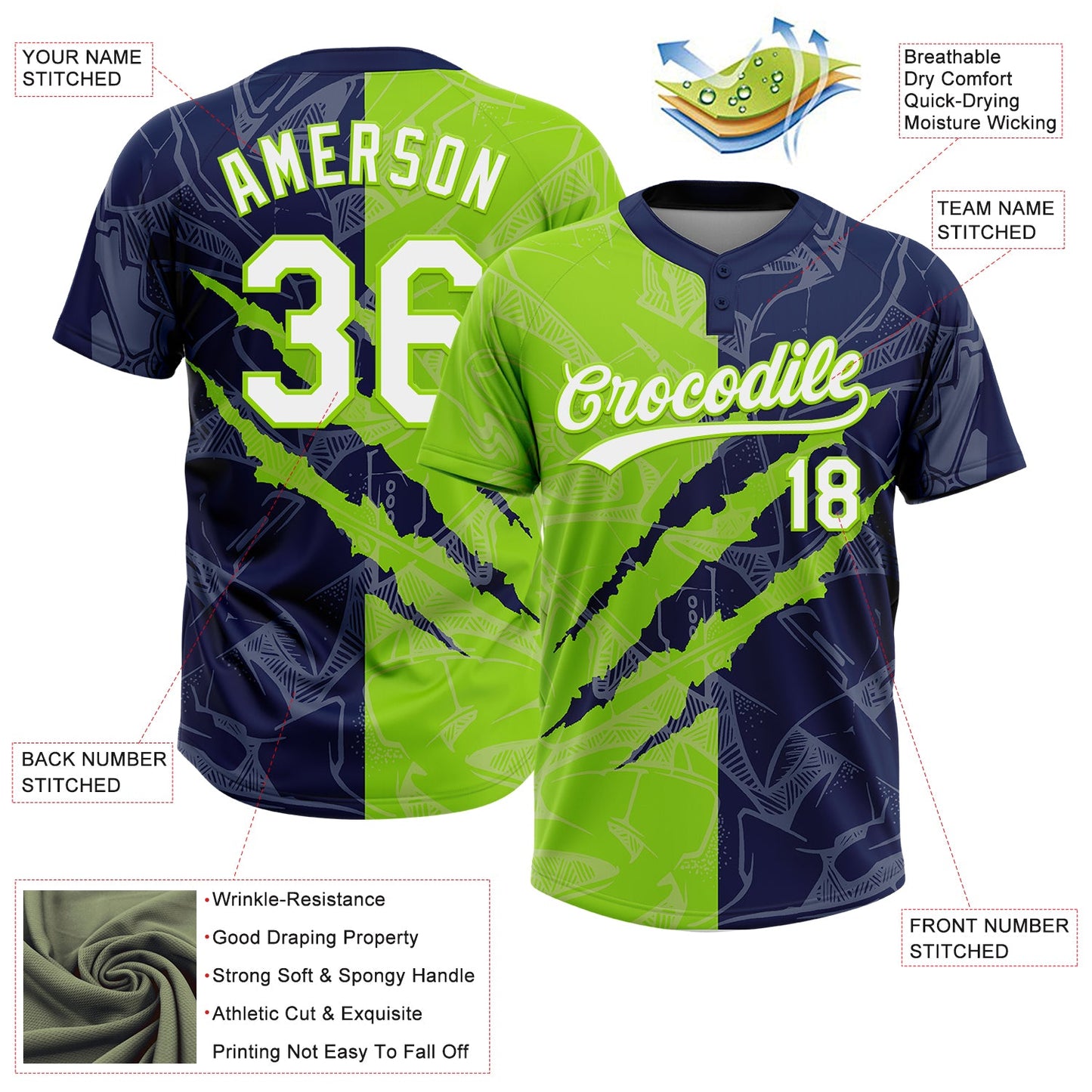 Custom Graffiti Pattern White Navy-Neon Green 3D Scratch Two-Button Unisex Softball Jersey view 3