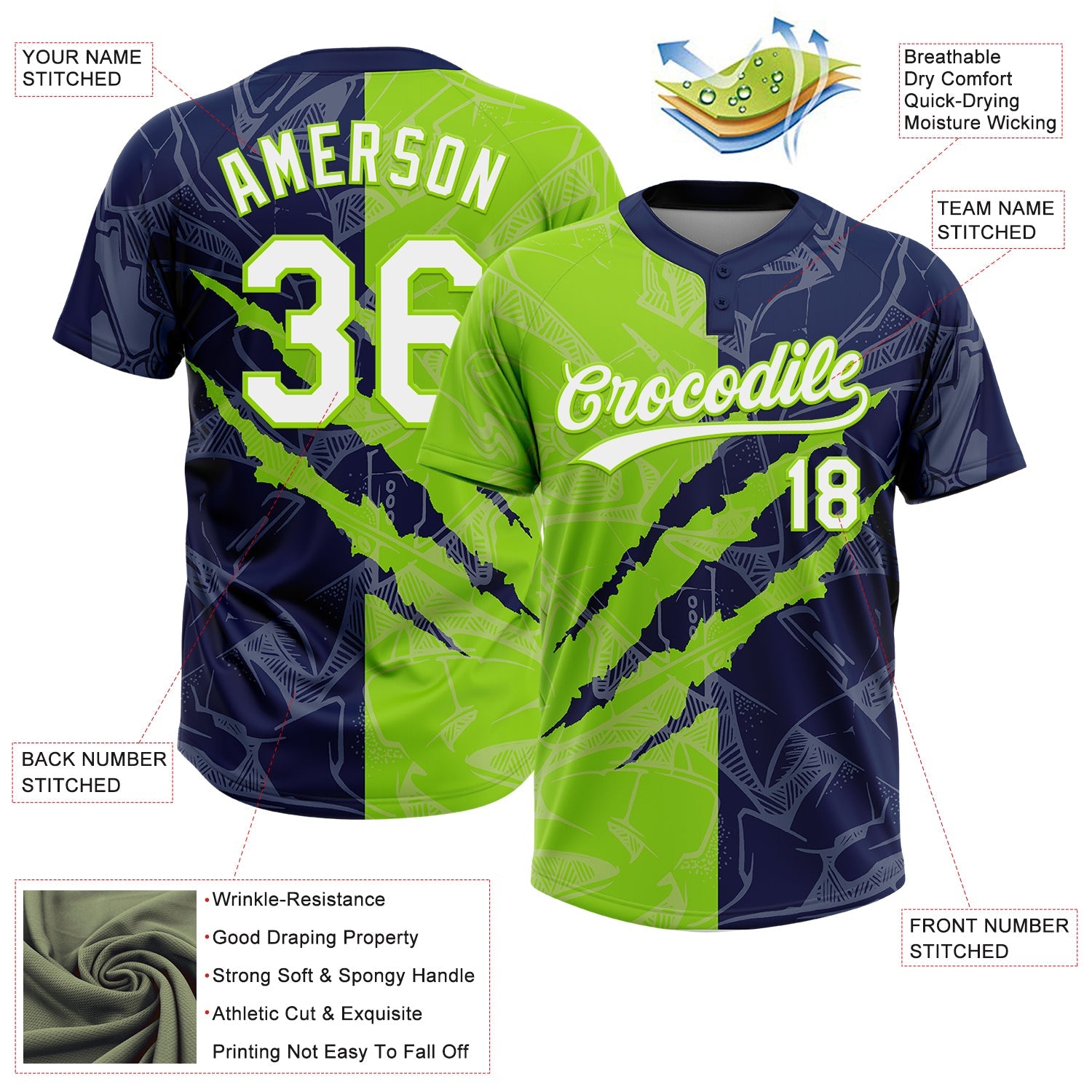 Custom Graffiti Pattern White Navy-Neon Green 3D Scratch Two-Button Unisex Softball Jersey view 3