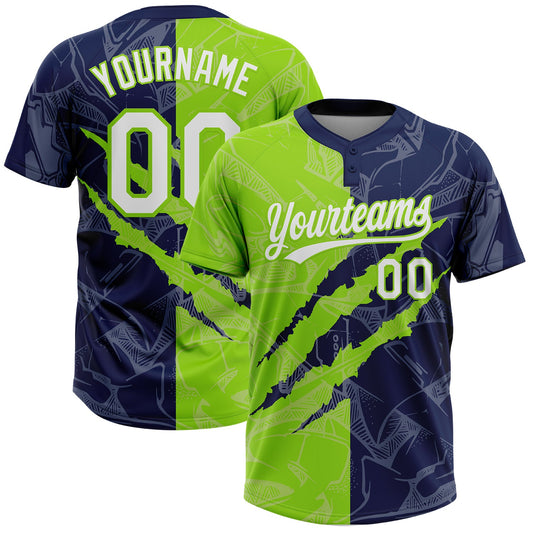 Custom Graffiti Pattern White Navy-Neon Green 3D Scratch Two-Button Unisex Softball Jersey - Main View
