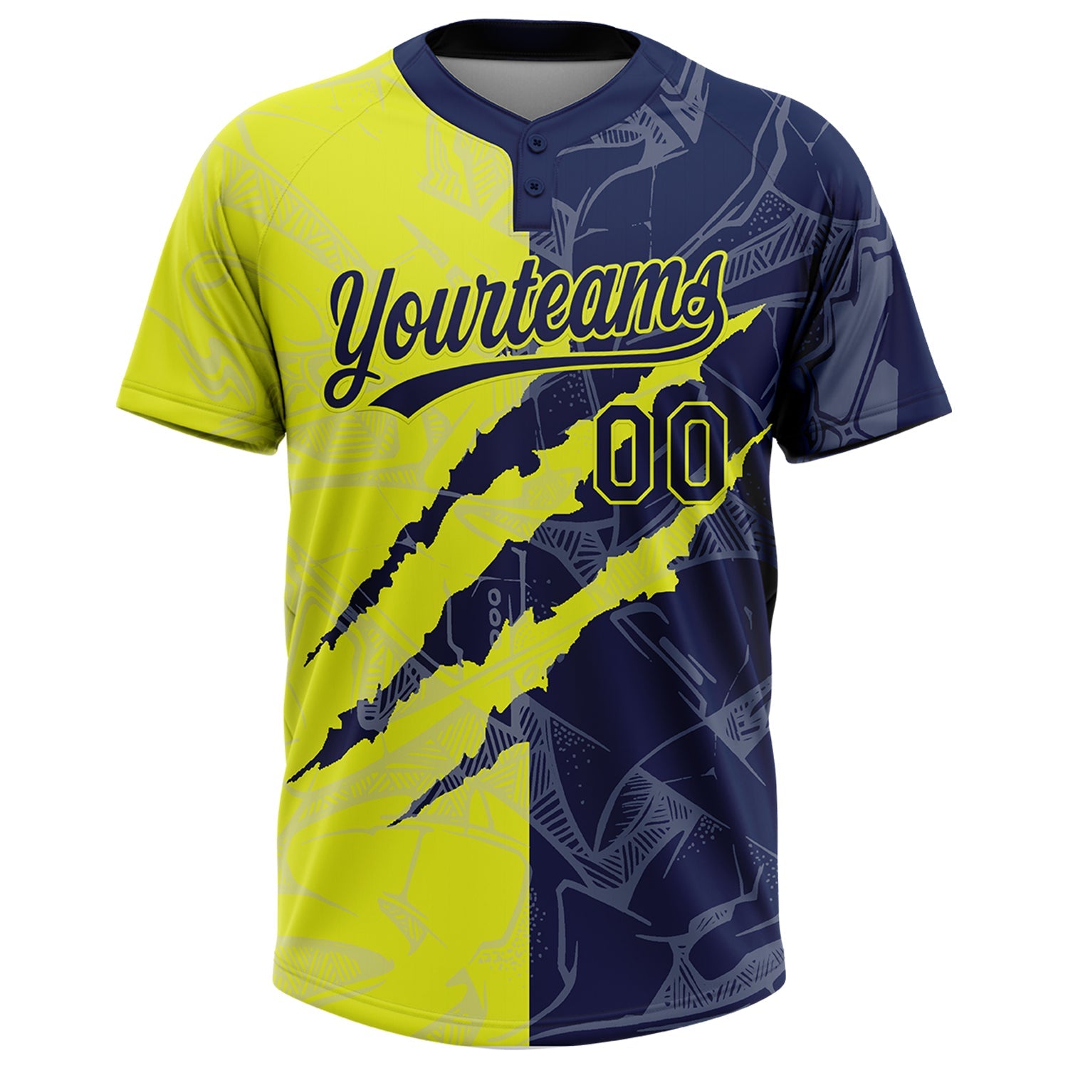 Custom Graffiti Pattern Navy-Neon Yellow 3D Scratch Two-Button Unisex Softball Jersey view 2