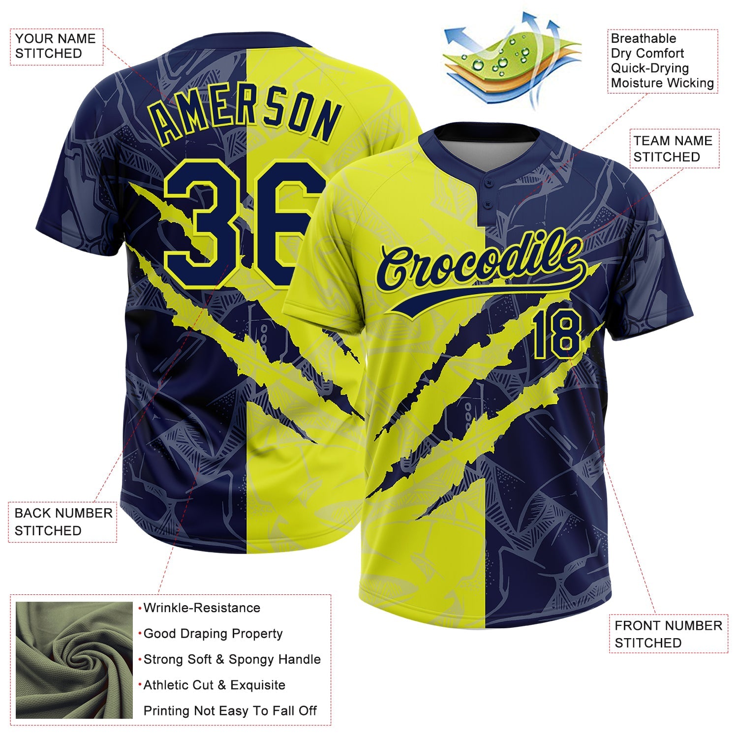 Custom Graffiti Pattern Navy-Neon Yellow 3D Scratch Two-Button Unisex Softball Jersey view 3