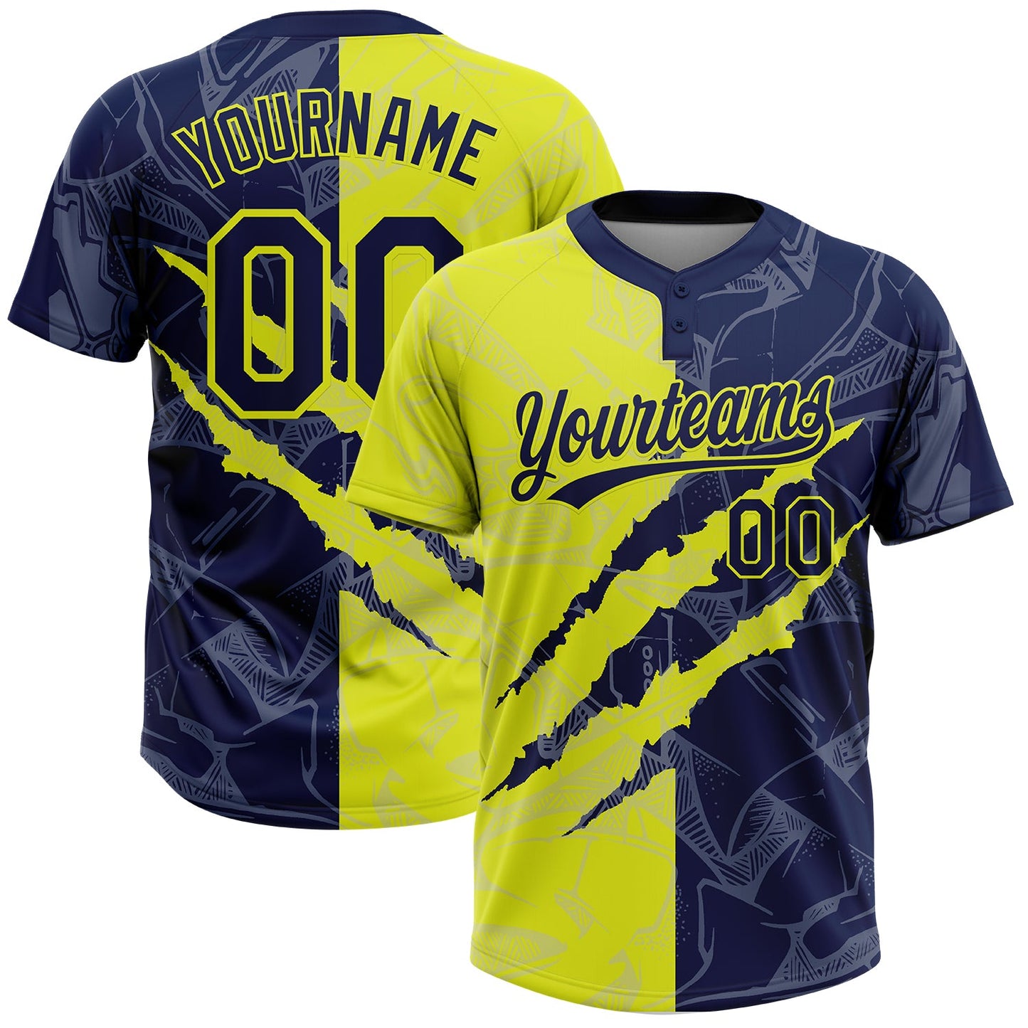 Custom Graffiti Pattern Navy-Neon Yellow 3D Scratch Two-Button Unisex Softball Jersey - Main View