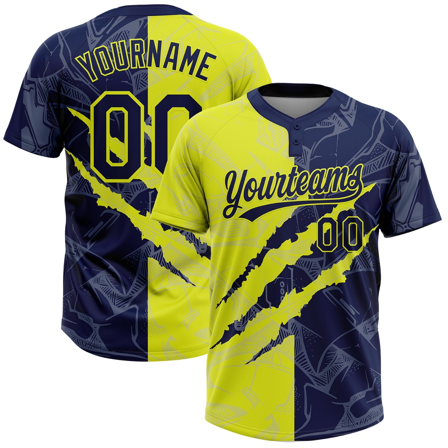 Custom Graffiti Pattern Navy-Neon Yellow 3D Scratch Two-Button Unisex Softball Jersey - Main View
