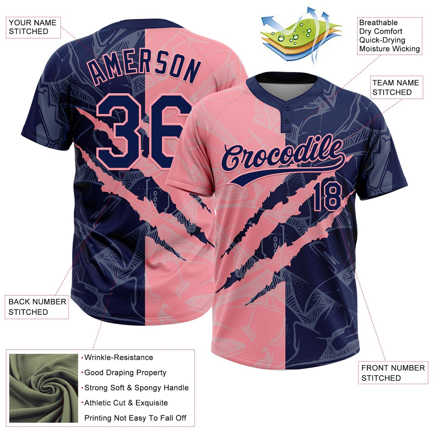 Custom Graffiti Pattern Navy-Medium Pink 3D Scratch Two-Button Unisex Softball Jersey view 3