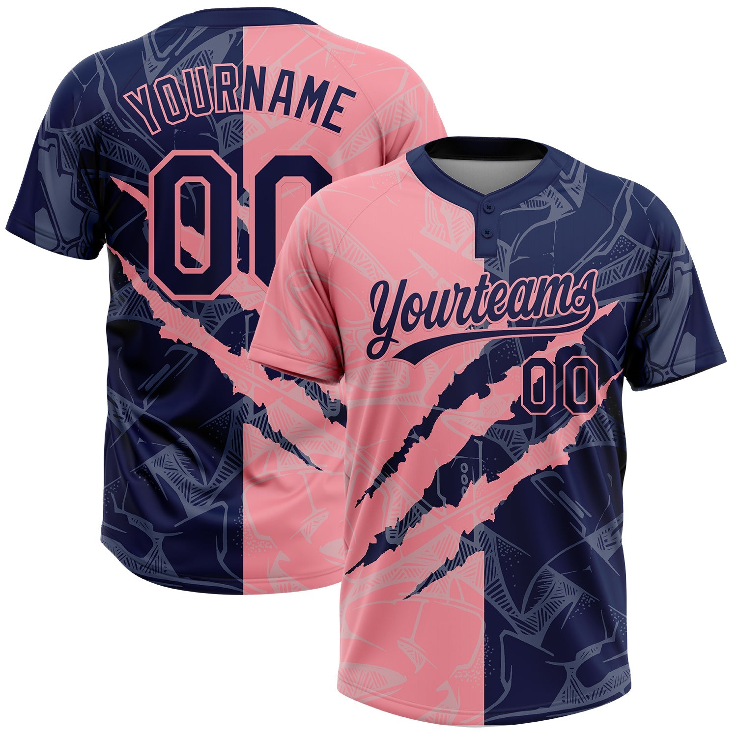 Custom Graffiti Pattern Navy-Medium Pink 3D Scratch Two-Button Unisex Softball Jersey - Main View