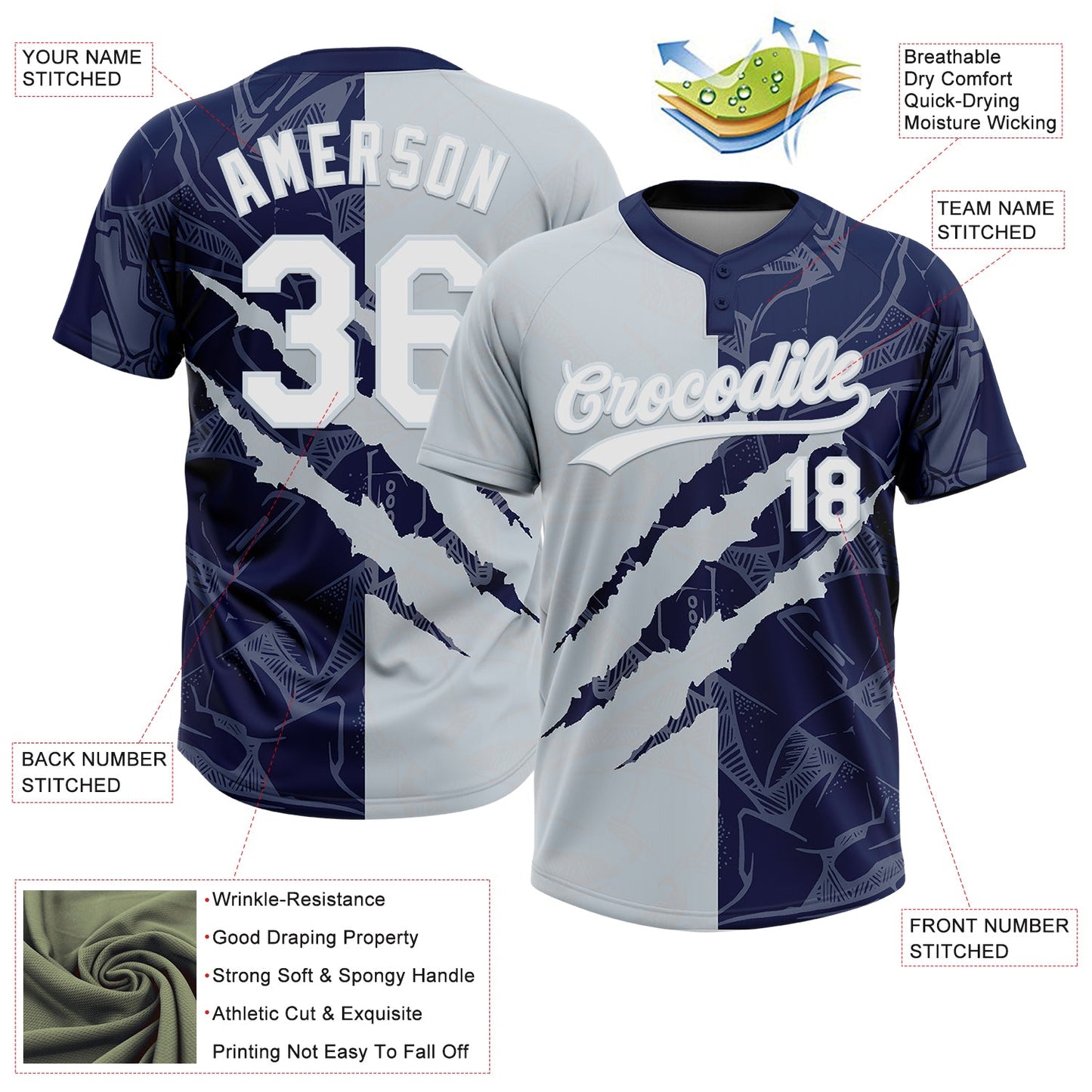 Custom Graffiti Pattern White Navy-Silver 3D Scratch Two-Button Unisex Softball Jersey view 3