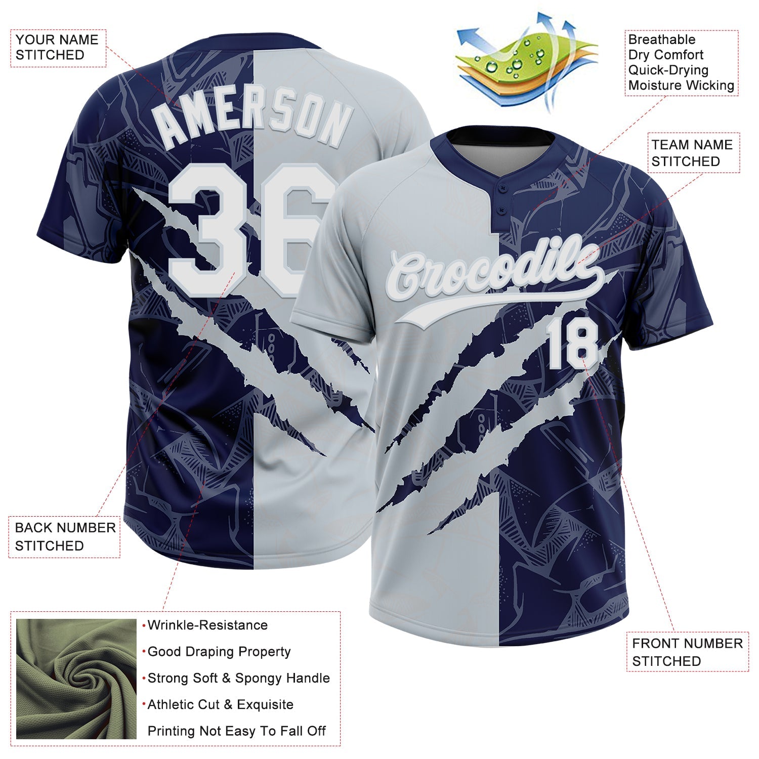 Custom Graffiti Pattern White Navy-Silver 3D Scratch Two-Button Unisex Softball Jersey view 3