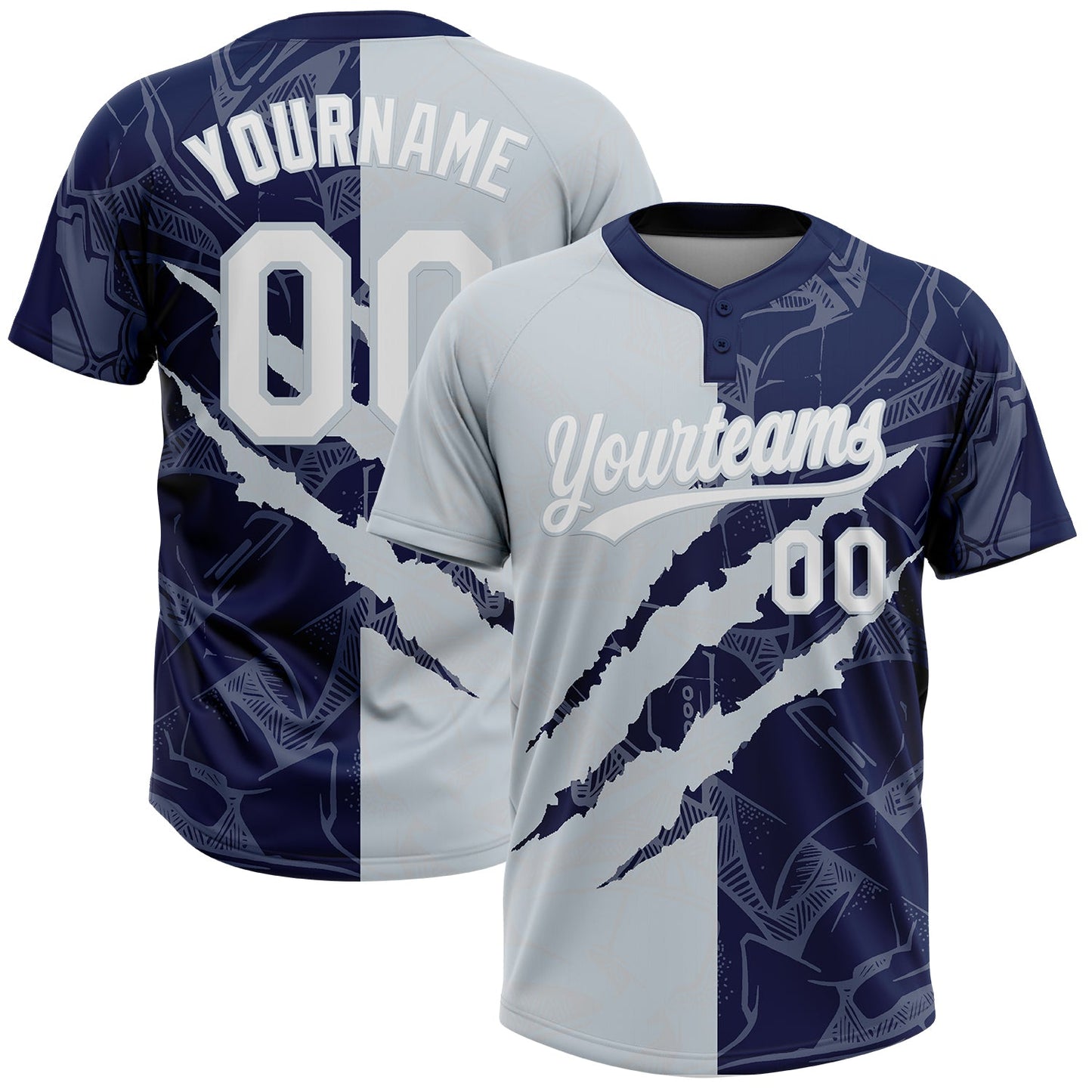 Custom Graffiti Pattern White Navy-Silver 3D Scratch Two-Button Unisex Softball Jersey - Main View