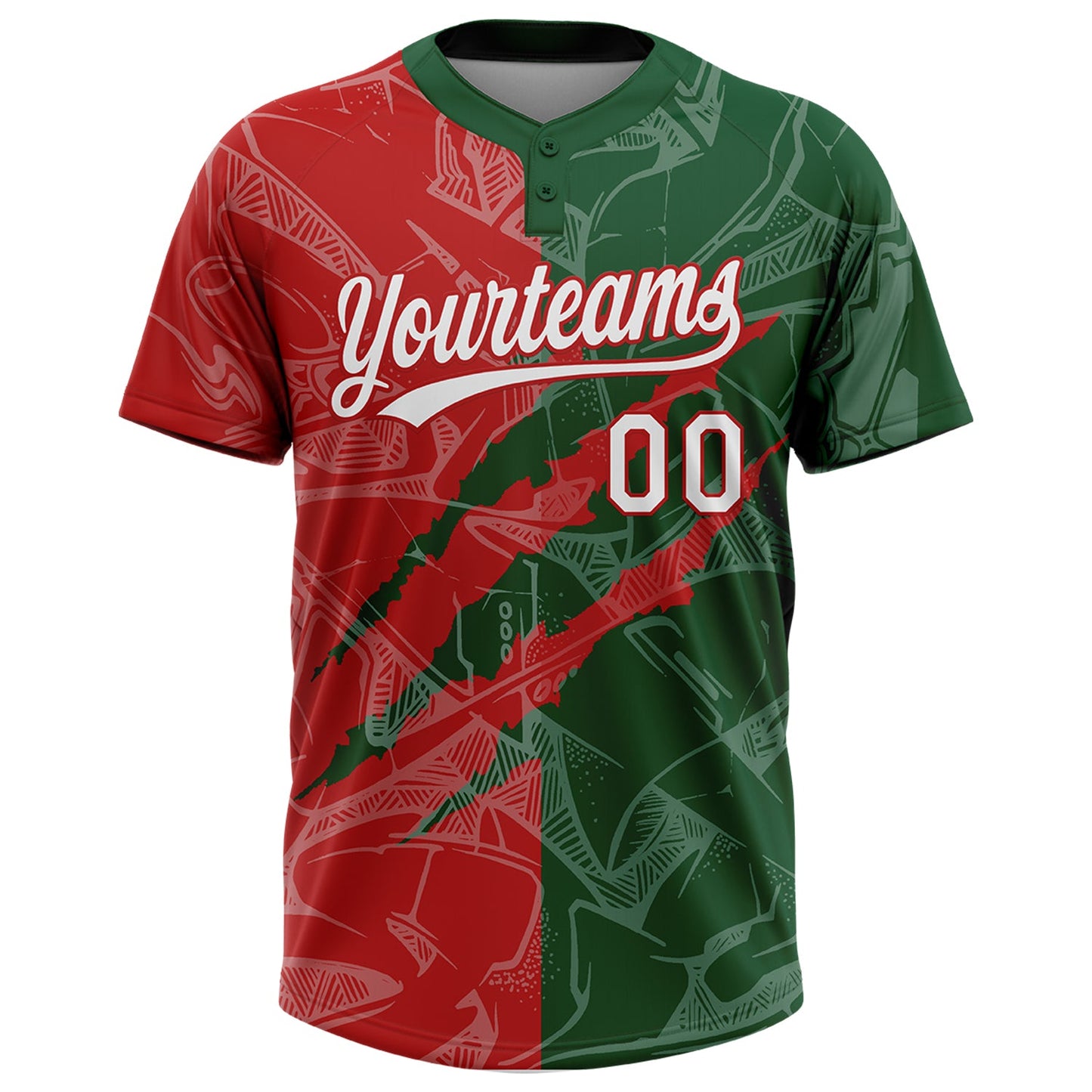 Custom Graffiti Pattern White Green-Red 3D Scratch Two-Button Unisex Softball Jersey view 2