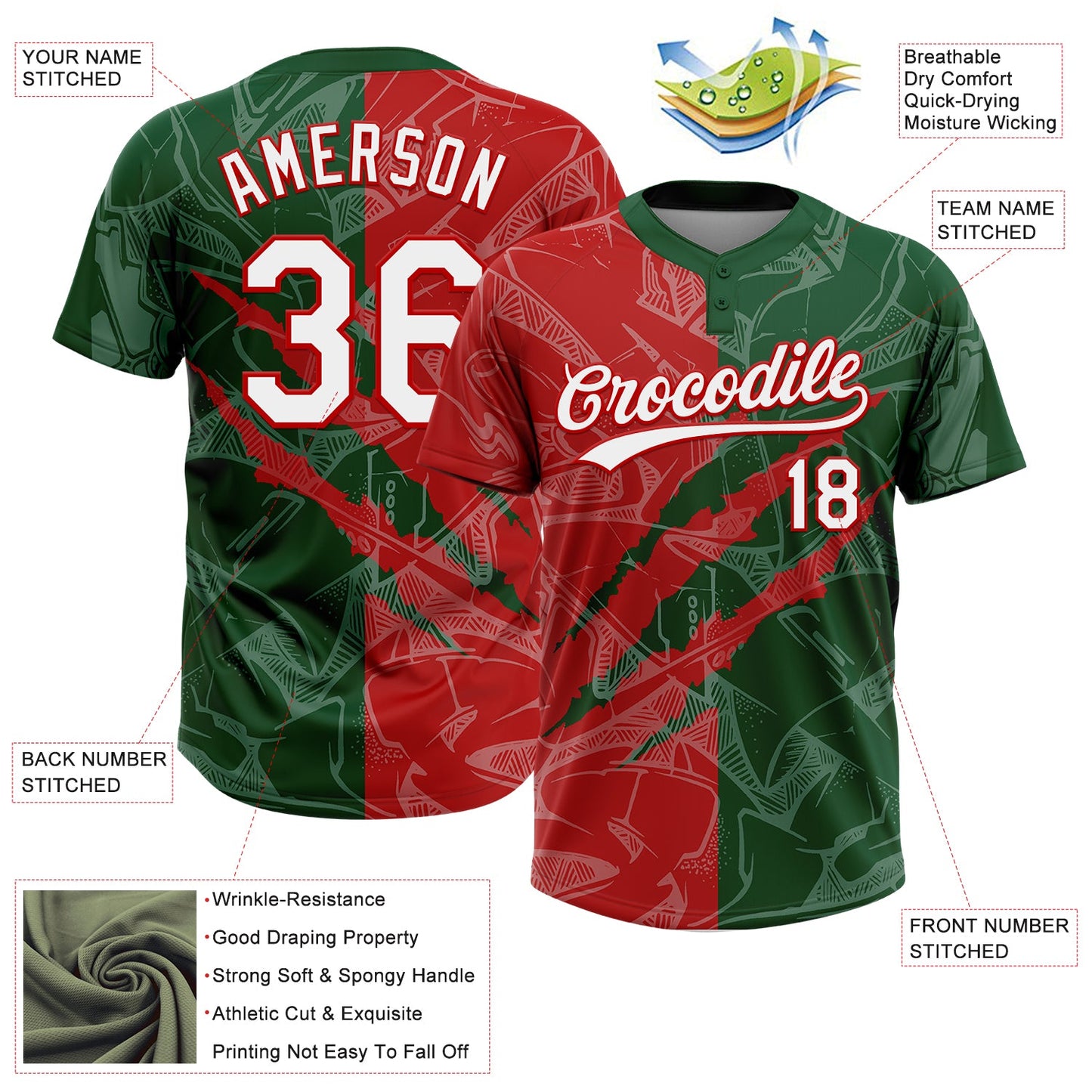 Custom Graffiti Pattern White Green-Red 3D Scratch Two-Button Unisex Softball Jersey view 3