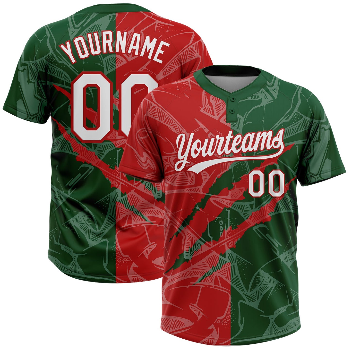 Custom Graffiti Pattern White Green-Red 3D Scratch Two-Button Unisex Softball Jersey - Main View