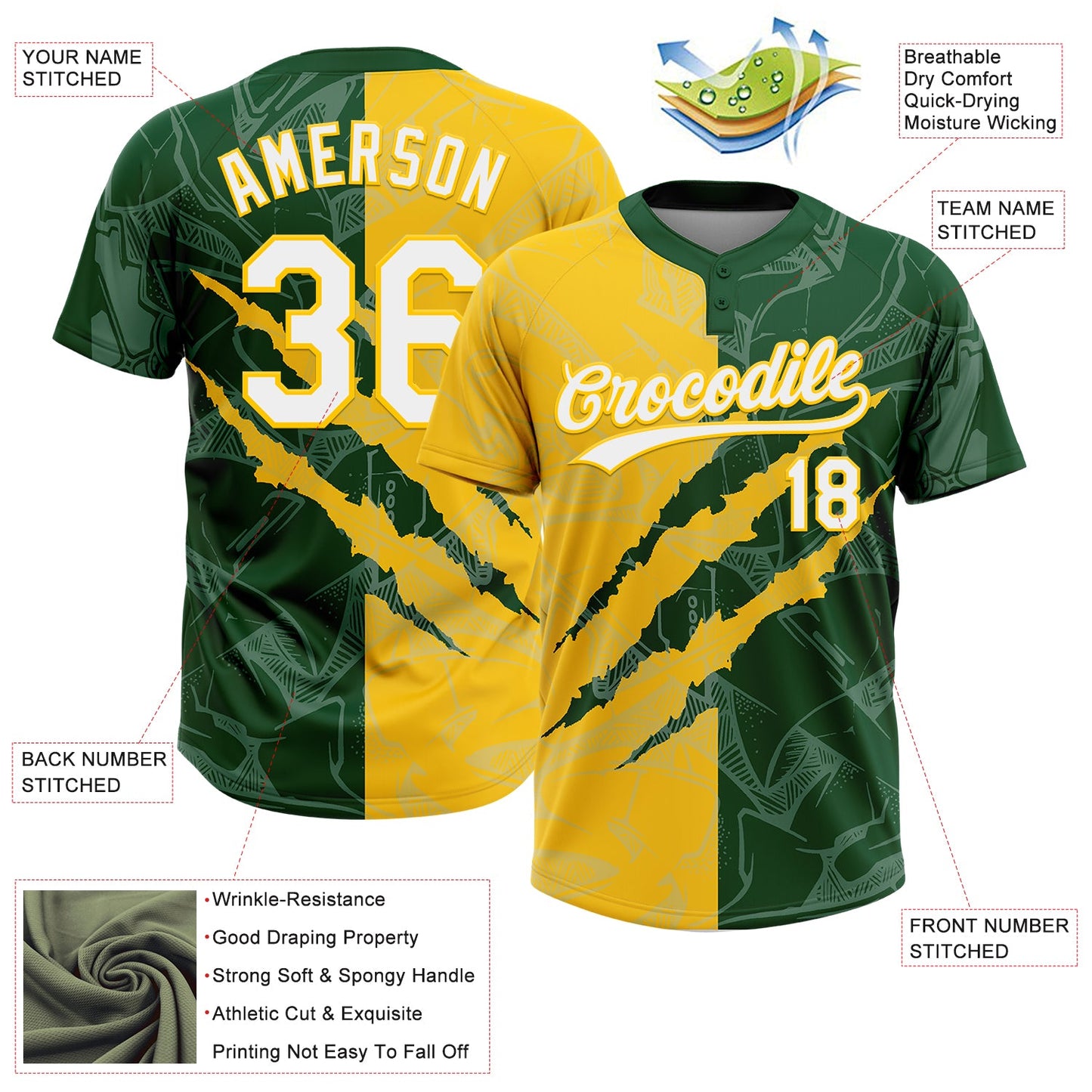 Custom Graffiti Pattern White Green-Yellow 3D Scratch Two-Button Unisex Softball Jersey view 3