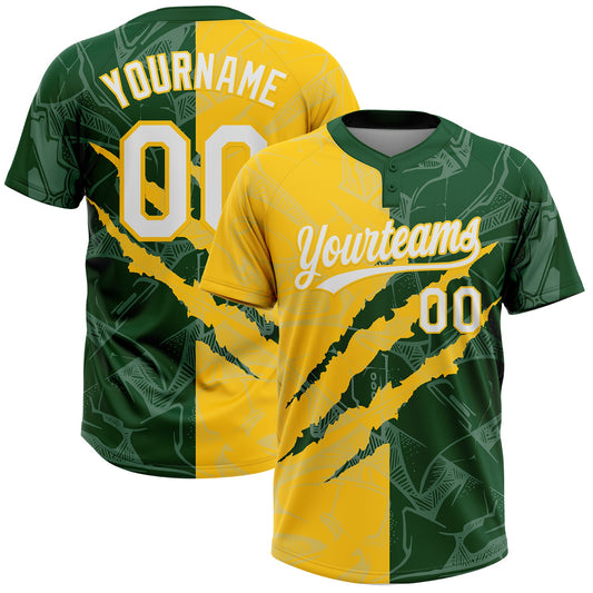 Custom Graffiti Pattern White Green-Yellow 3D Scratch Two-Button Unisex Softball Jersey - Main View