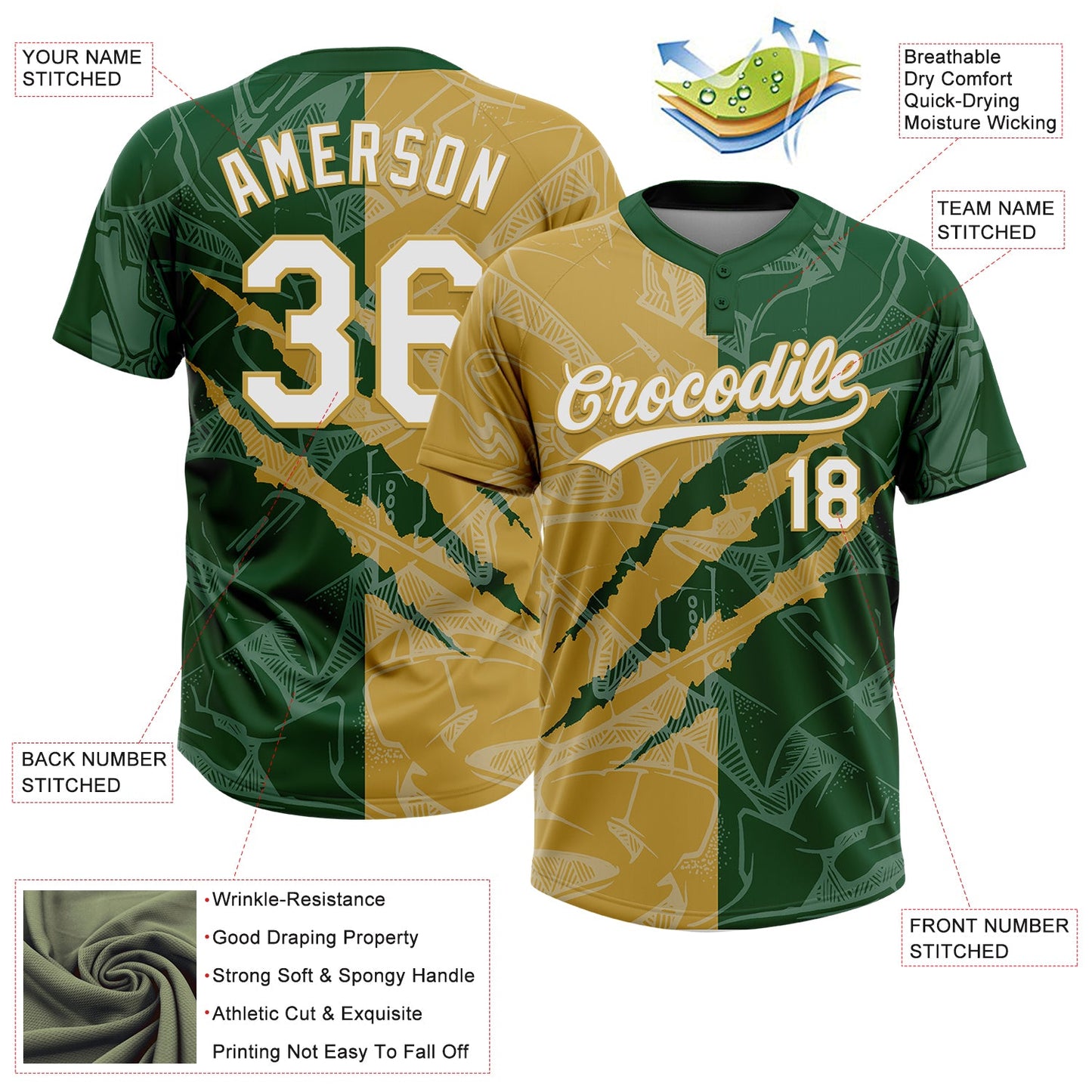 Custom Graffiti Pattern White Green-Old Gold 3D Scratch Two-Button Unisex Softball Jersey view 3