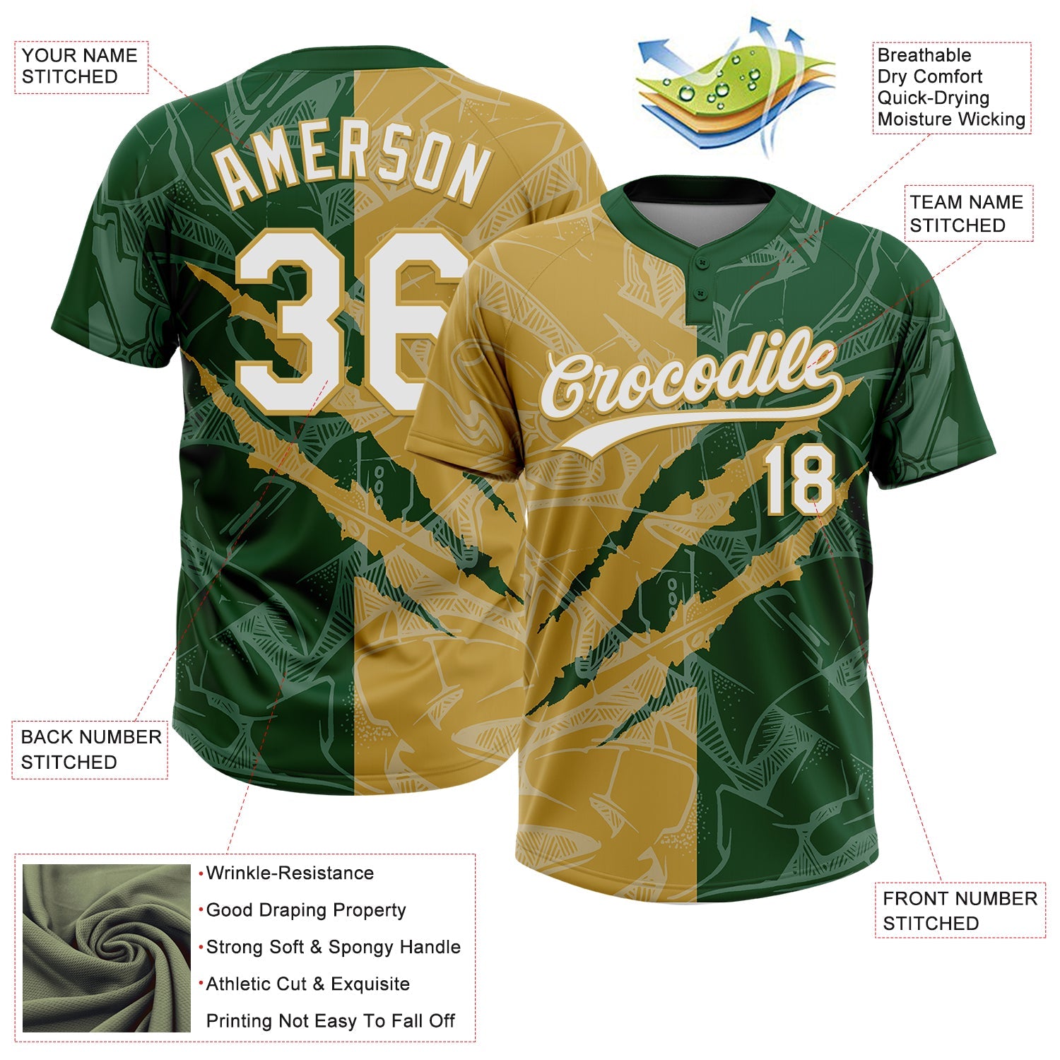 Custom Graffiti Pattern White Green-Old Gold 3D Scratch Two-Button Unisex Softball Jersey view 3