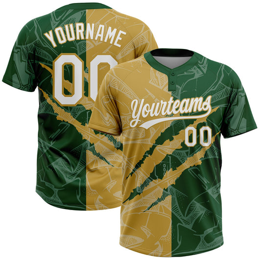 Custom Graffiti Pattern White Green-Old Gold 3D Scratch Two-Button Unisex Softball Jersey - Main View
