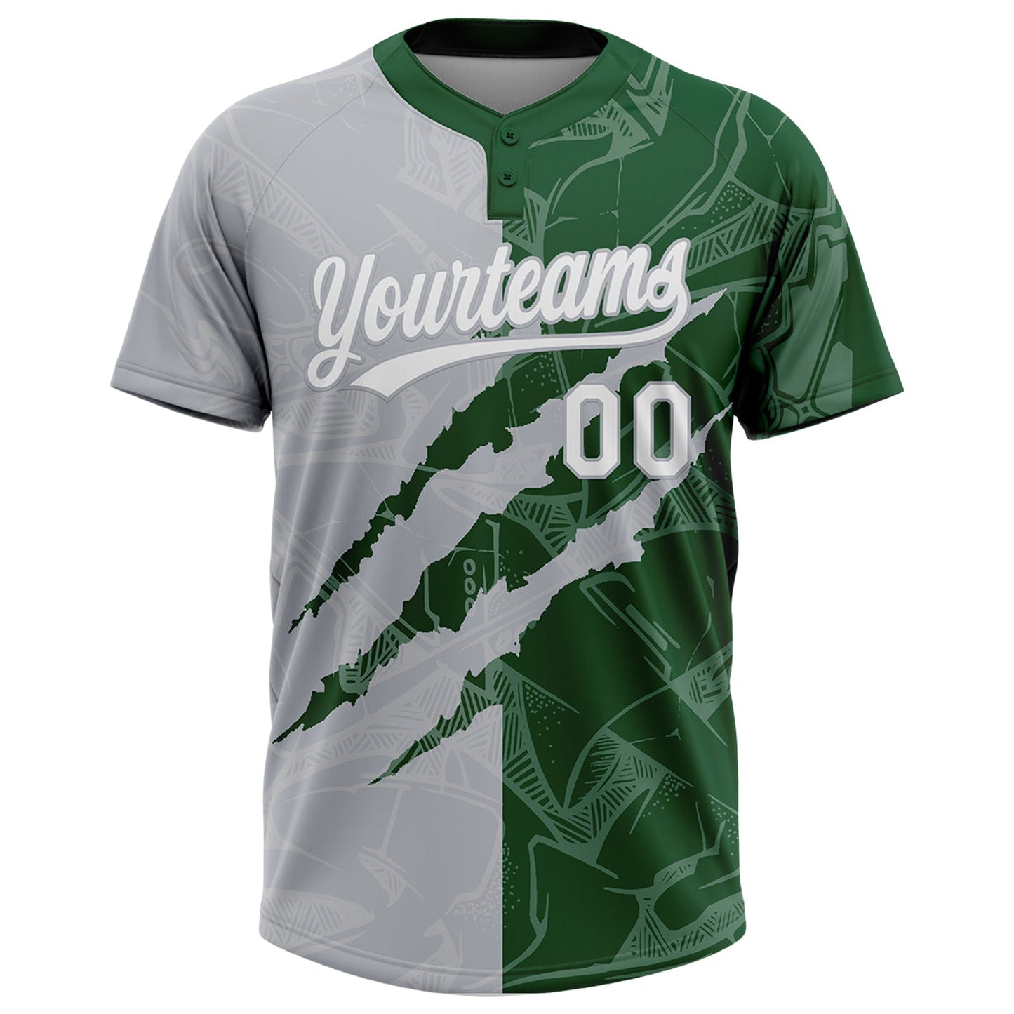 Custom Graffiti Pattern White Green-Gray 3D Scratch Two-Button Unisex Softball Jersey view 2