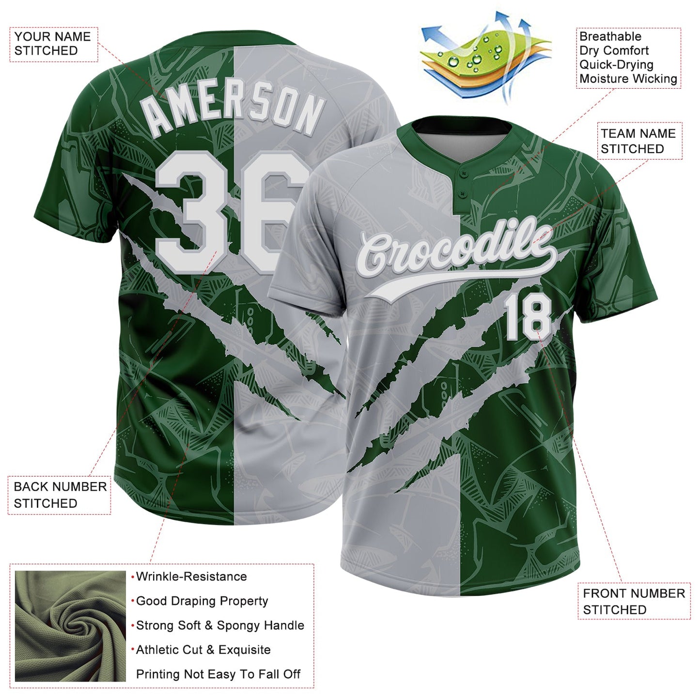 Custom Graffiti Pattern White Green-Gray 3D Scratch Two-Button Unisex Softball Jersey view 3