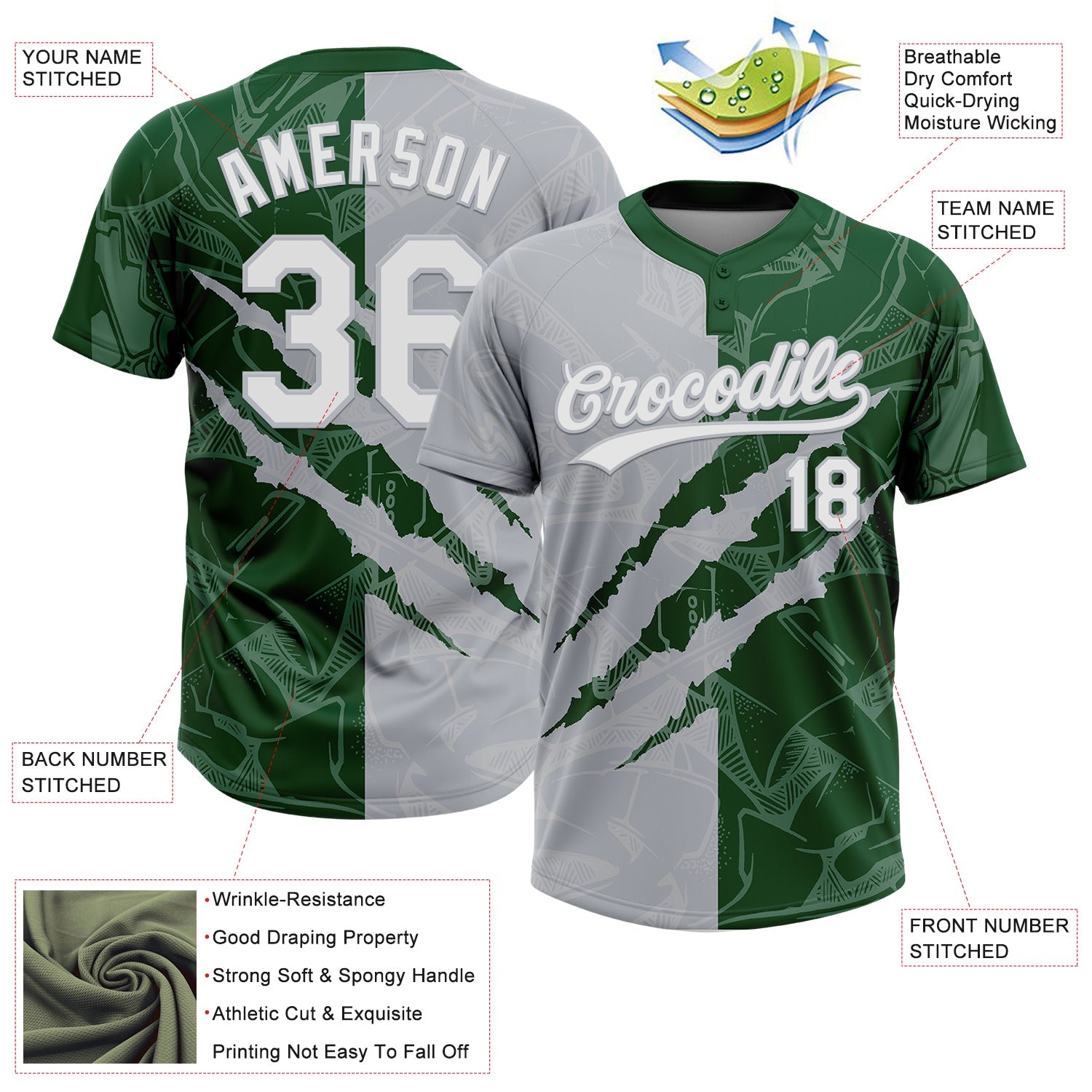 Custom Graffiti Pattern White Green-Gray 3D Scratch Two-Button Unisex Softball Jersey view 3