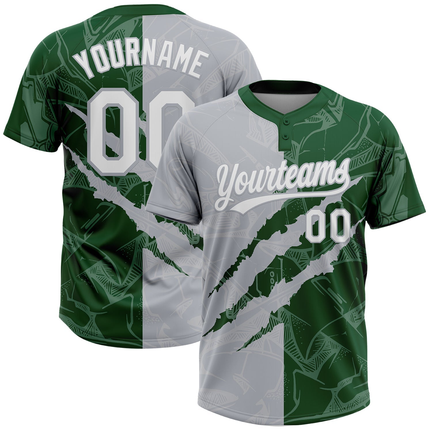 Custom Graffiti Pattern White Green-Gray 3D Scratch Two-Button Unisex Softball Jersey - Main View